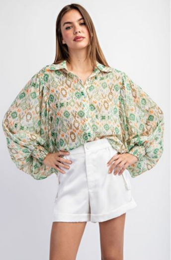 Eesome PTK7965 Balloon Sleeve Plus Size Print Top