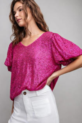 Eesome TK9592 Sequin Puff Sleeve Blouse