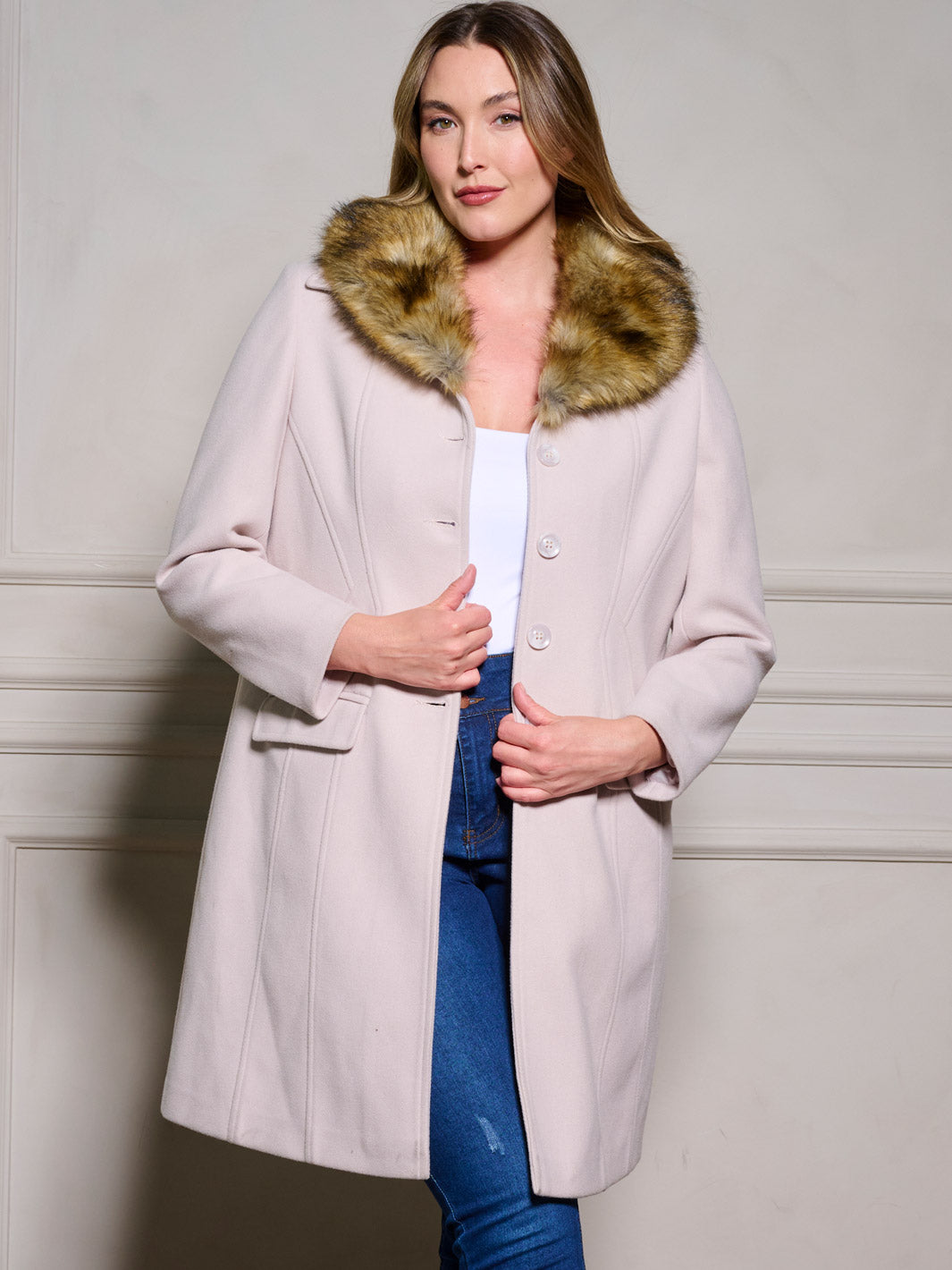 Coalition W429PF1 Faux Fur Collar Coat