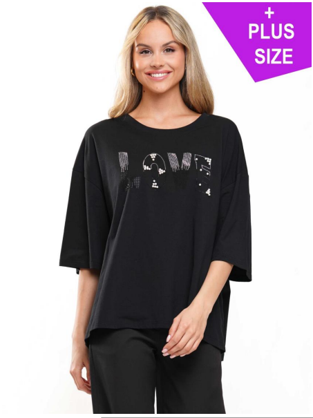 WHY TB23037 Plus Size Love Top w/ Stones