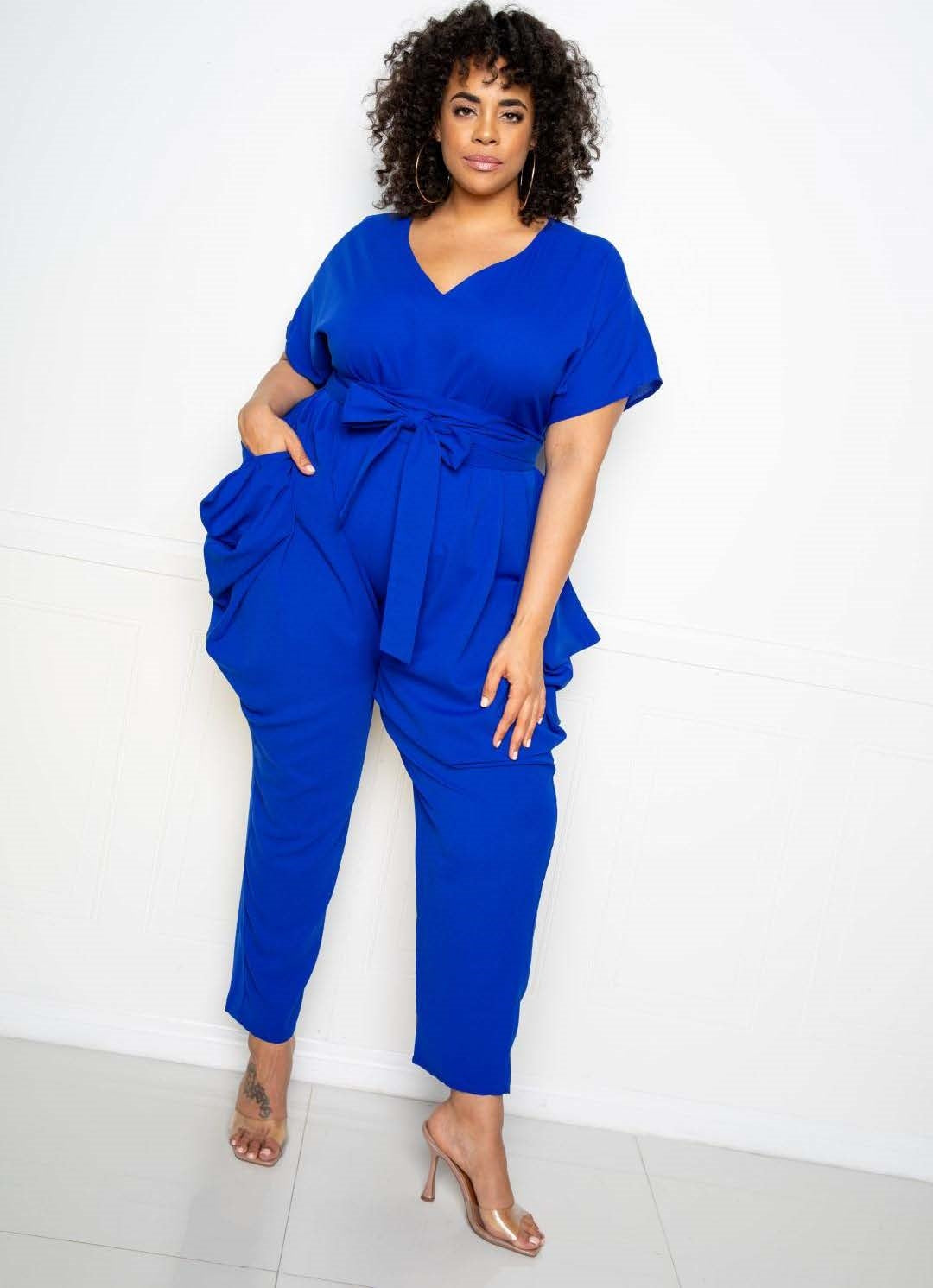 Buxom Curvy BJS92216X1 Belted PlusSize Jumpsuit