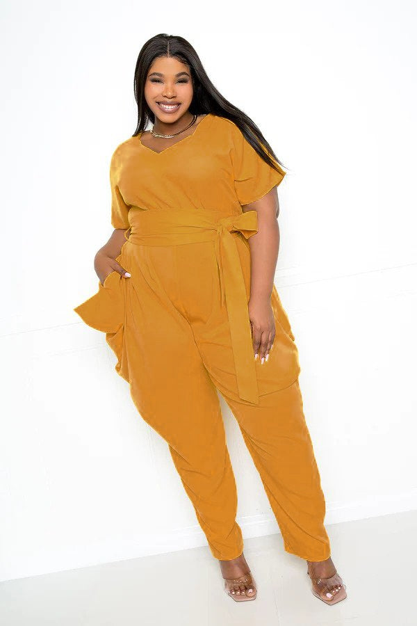 Buxom Curvy BJS92216X1 Belted PlusSize Jumpsuit