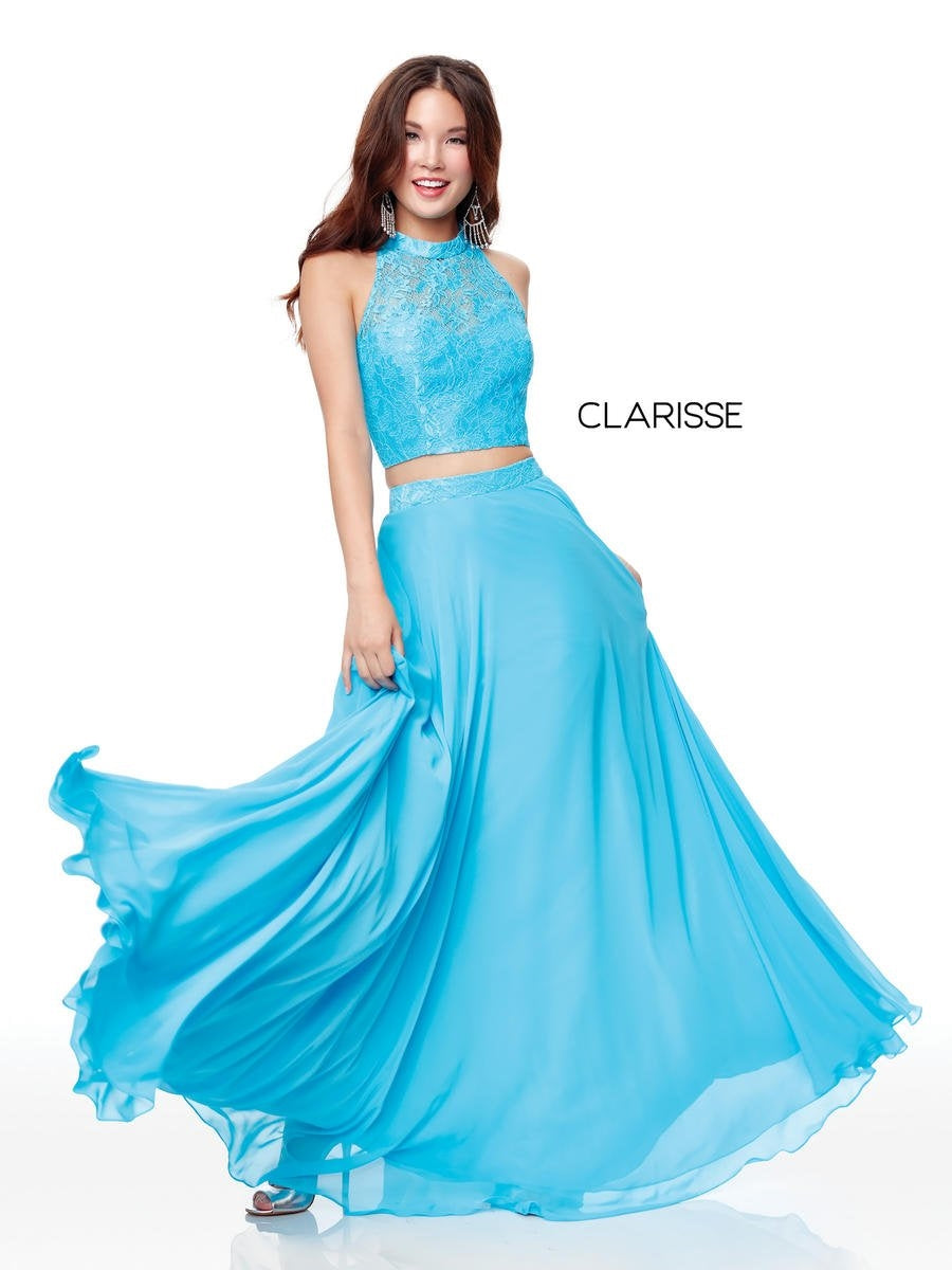 Clarisse 3427 High Neck Lace Crop Top A-line Chiffon Skirt 2pc Dress