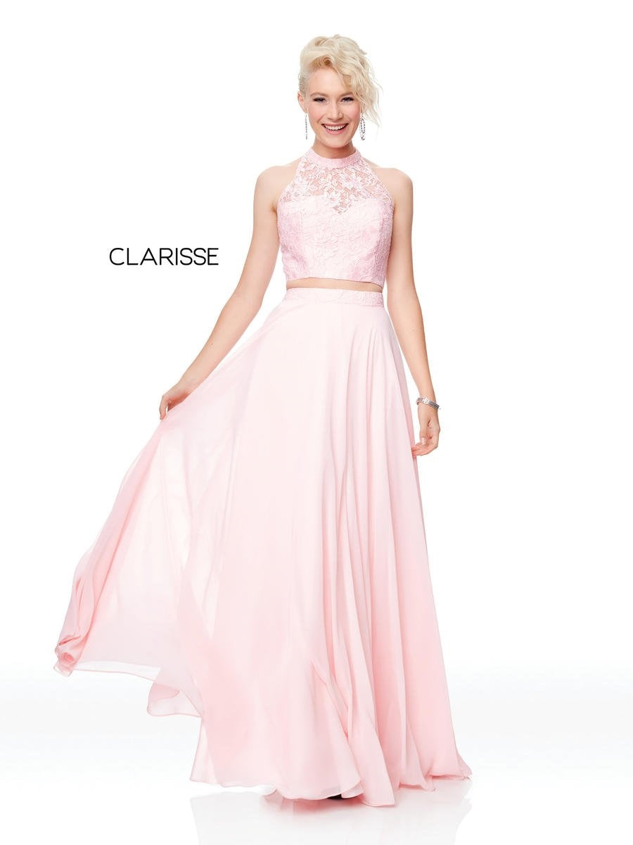 Clarisse 3427 High Neck Lace Crop Top A-line Chiffon Skirt 2pc Dress