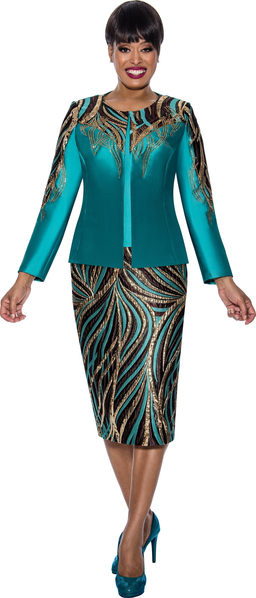 Divine Queen 2193 Embellished Print 3pc Skirt Suit