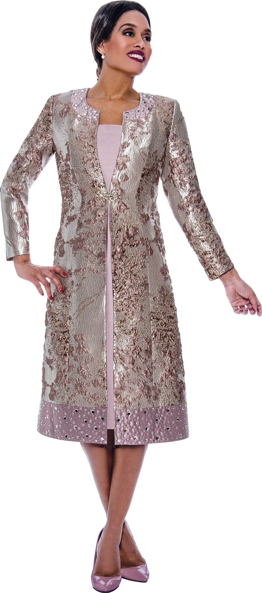 Divine Queen 2322 Metallic Jacquard Dress w/ Long Jacket