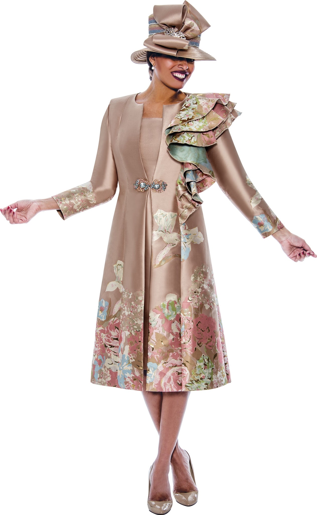 Divine Queen 2382 Jacquard Dress w/ Floral Jacket