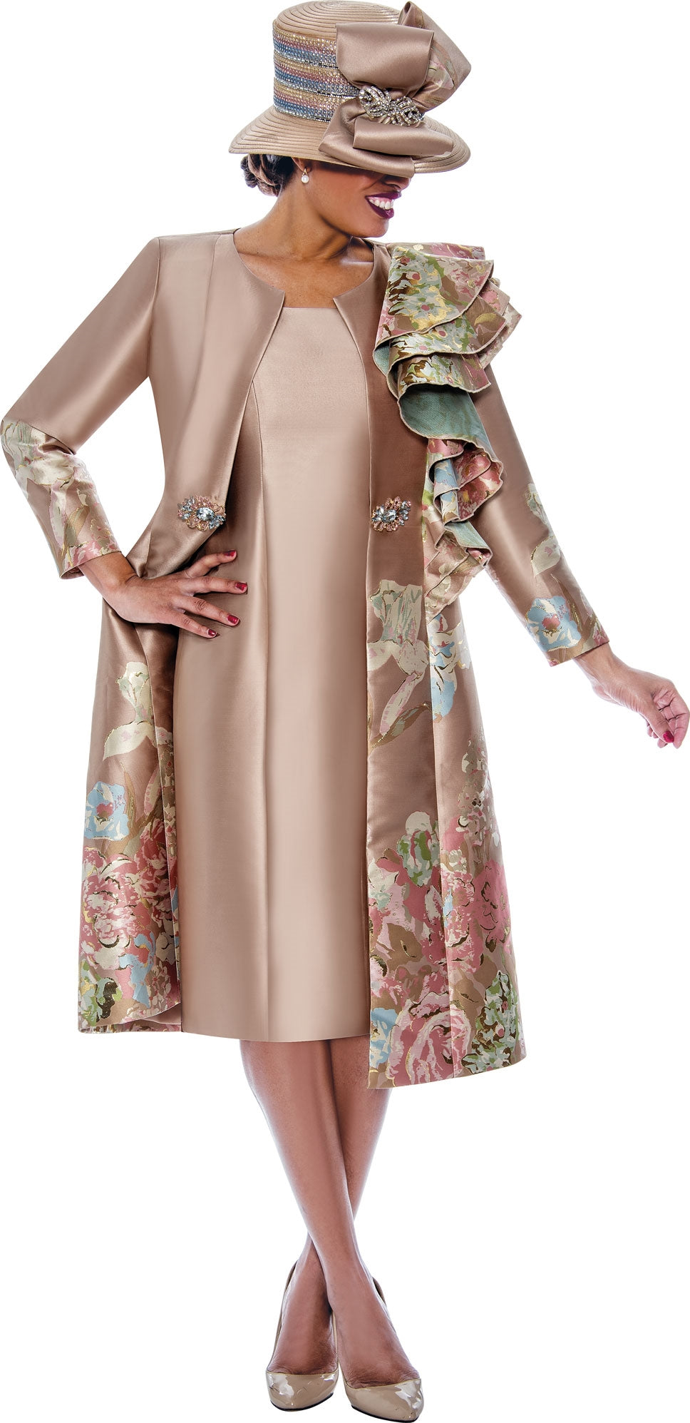 Divine Queen 2382 Jacquard Dress w/ Floral Jacket