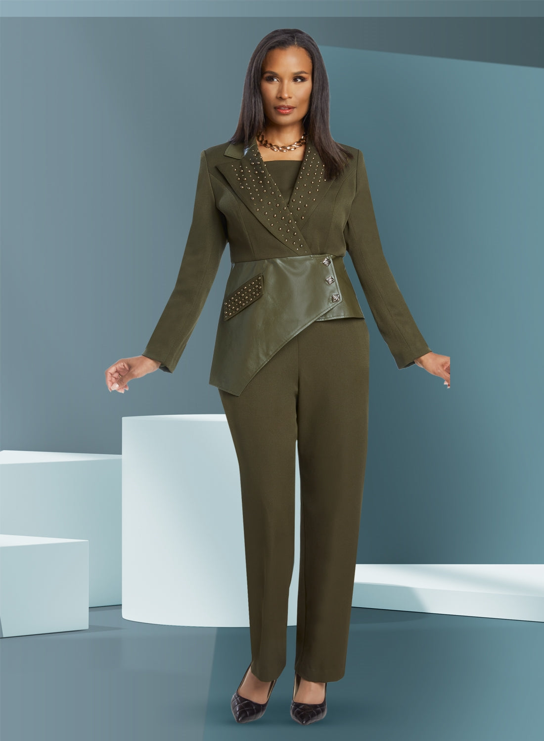 Donna Vinci 5825 Faux Leather Peplum 2pc Pant Suit