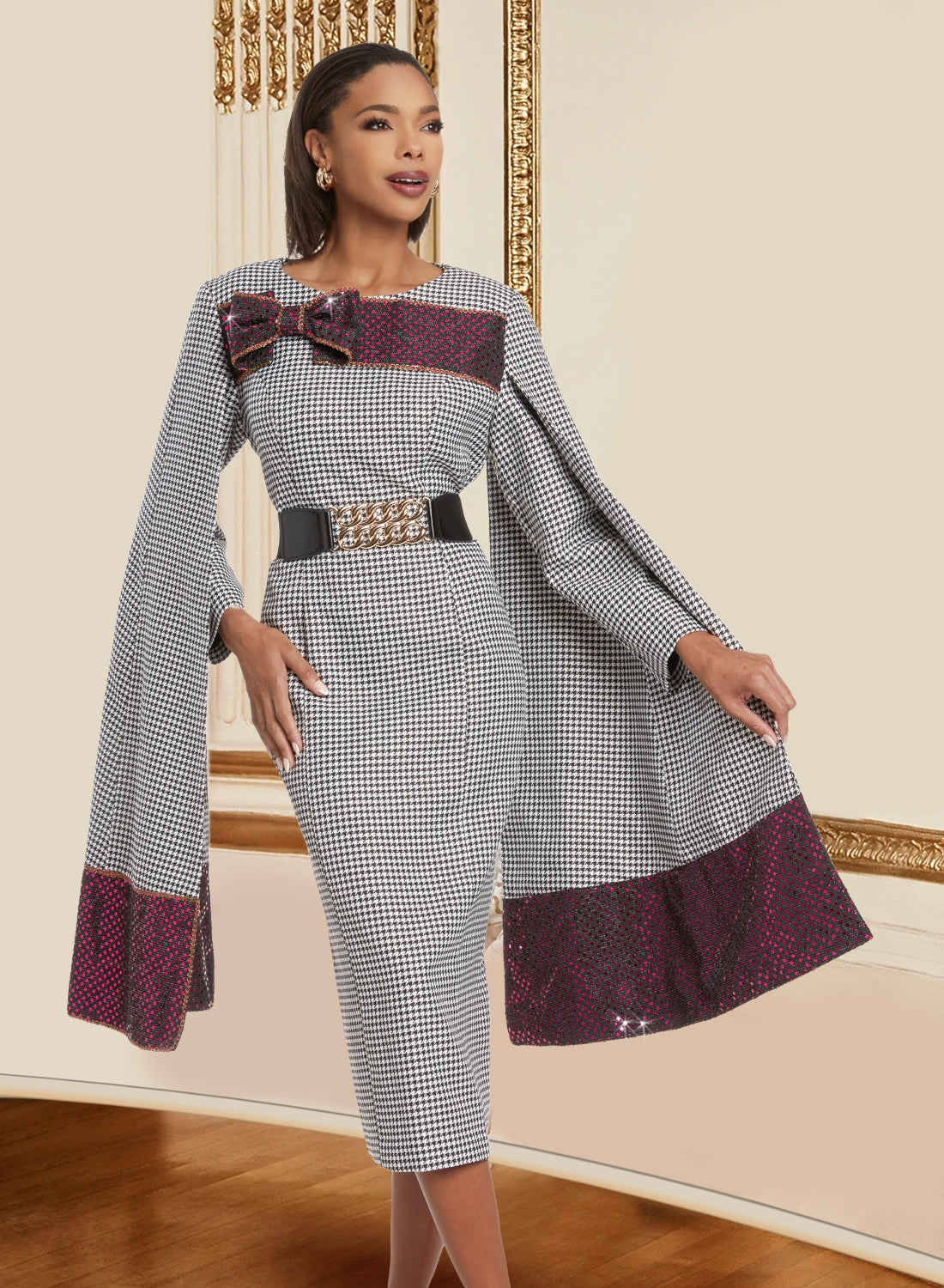 Donna Vinci 5827 Belted Cape Sleeve Print Dress