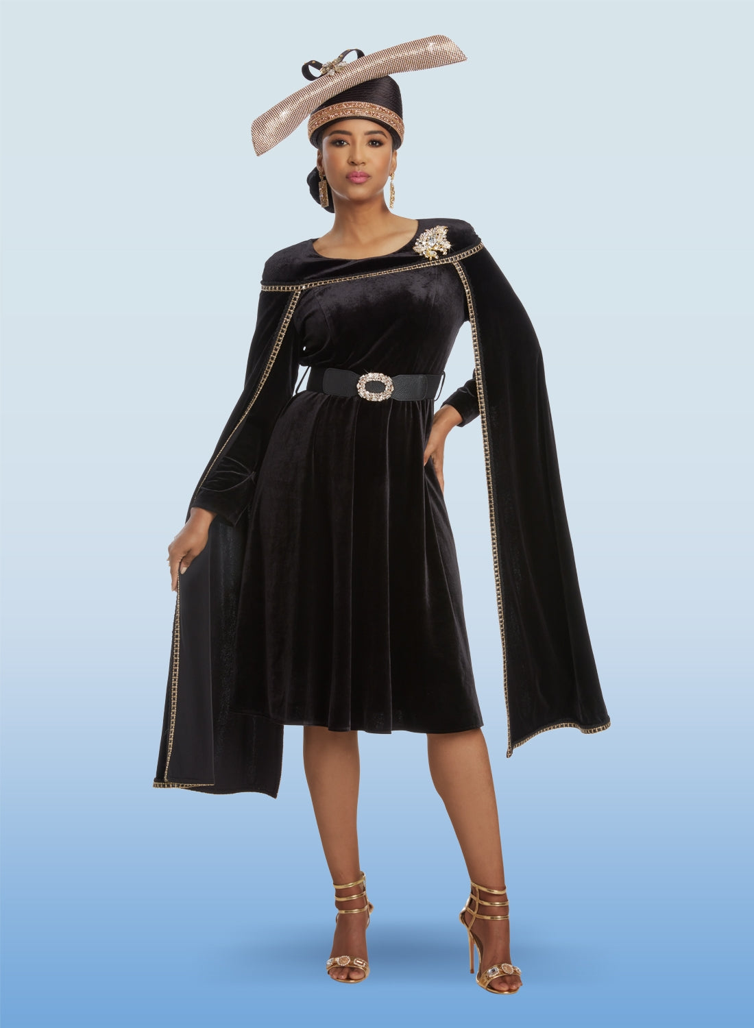 Donna Vinci 5828 Belted Velvet Cape Sleeve Dress