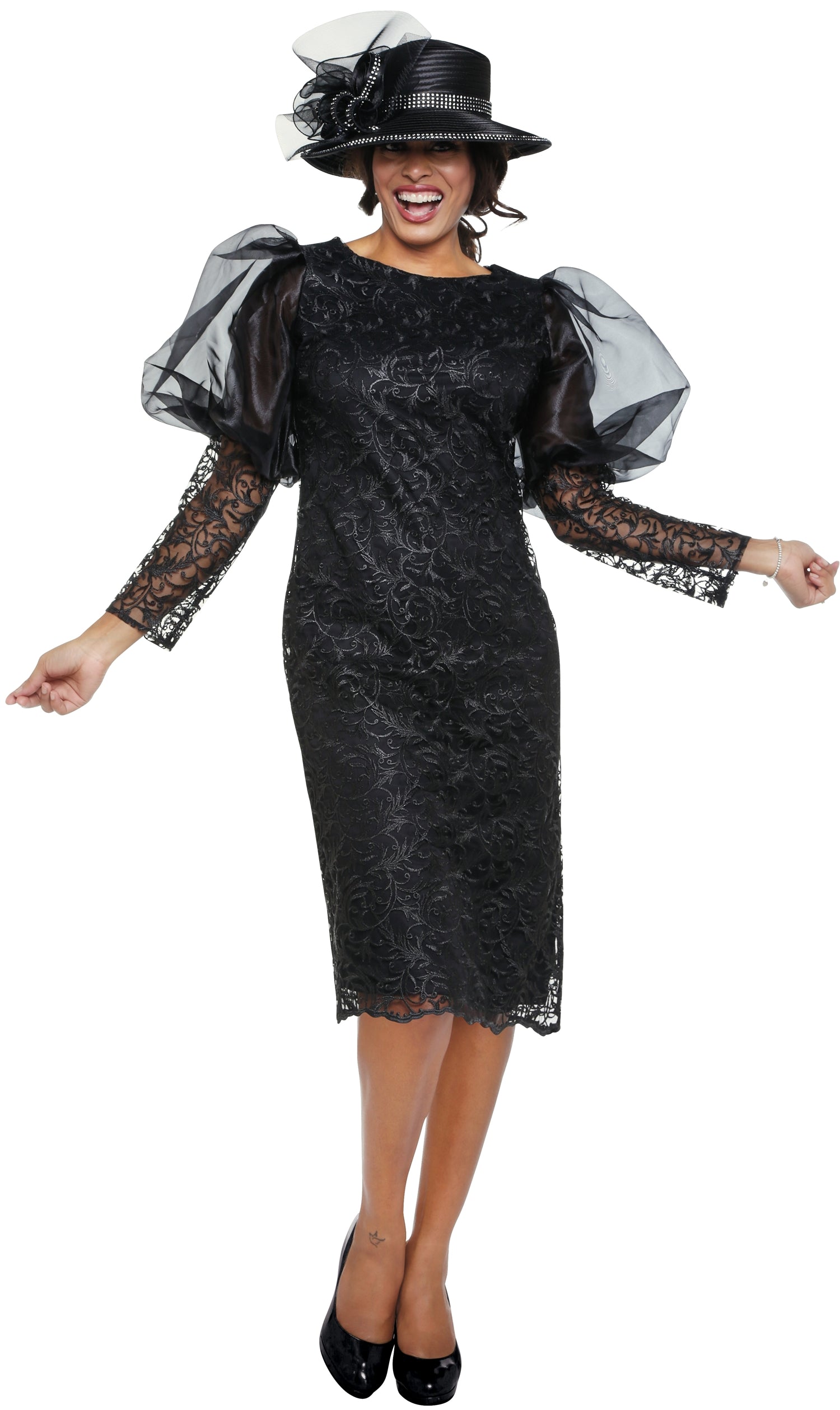 Dorinda Clark Cole 3722 Sheer Puff Sleeve Lace Chemise Dress