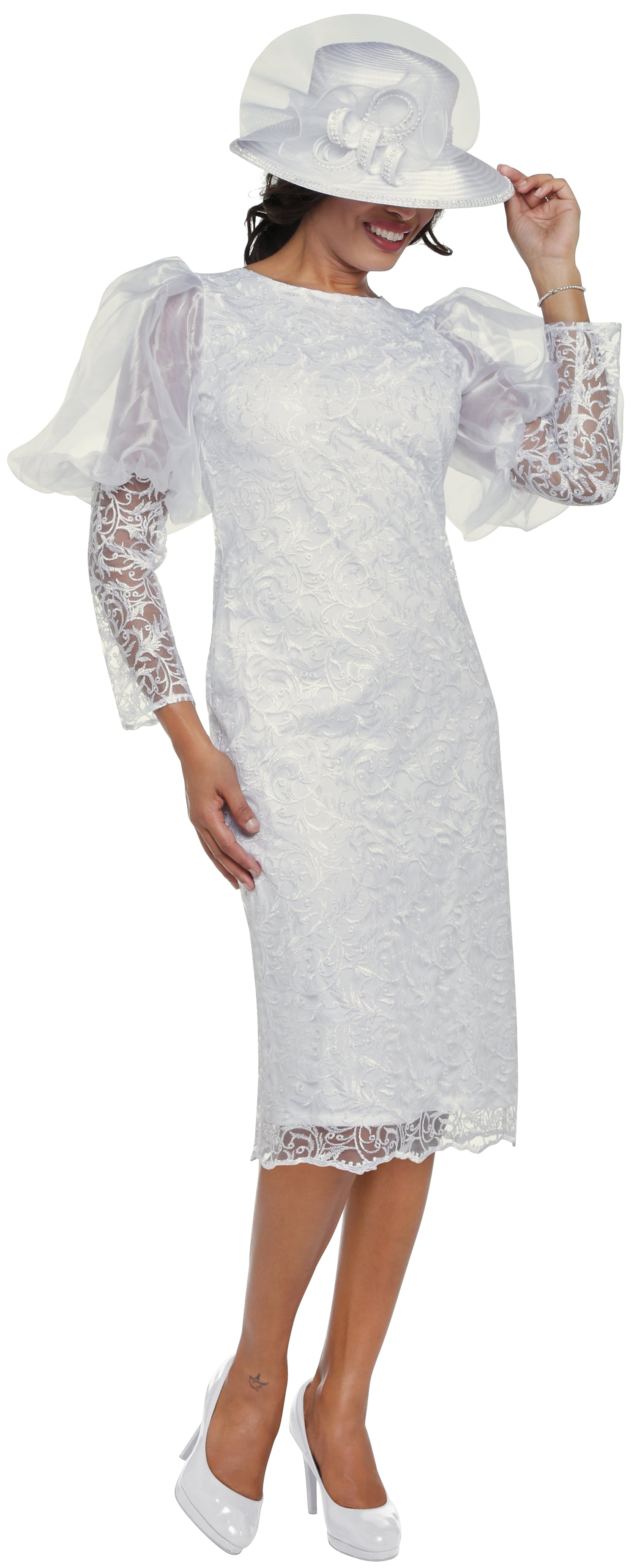 Dorinda Clark Cole 3722 Sheer Puff Sleeve Lace Chemise Dress