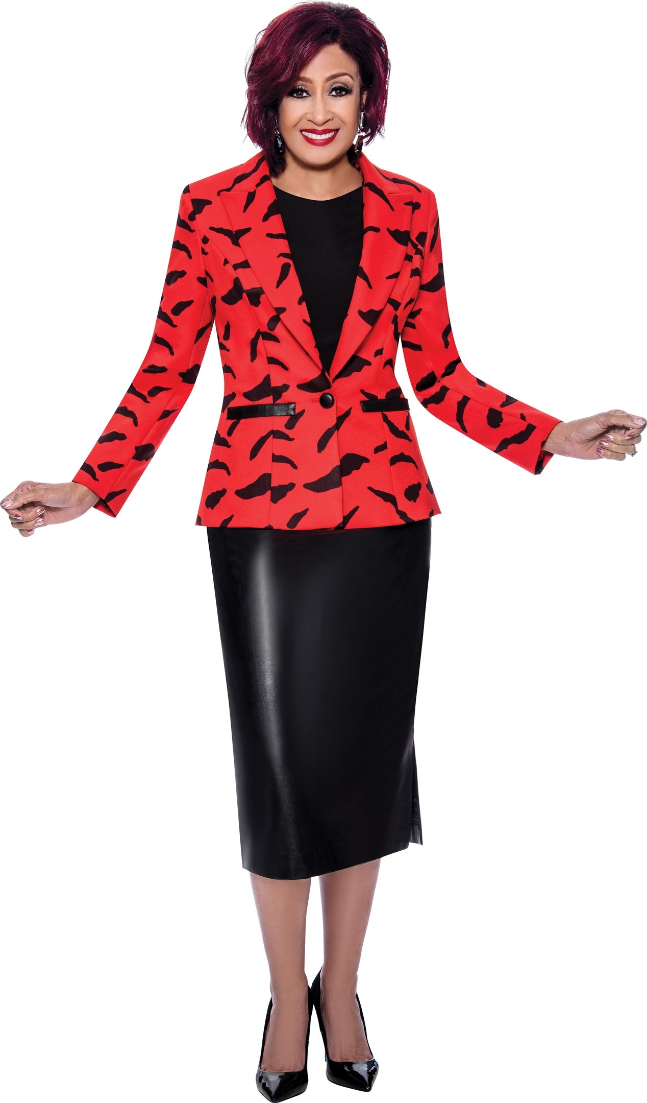 Dorinda Clark Cole 3903 Print Knit Jacket and Faux Leather 3pc Skirt Suit