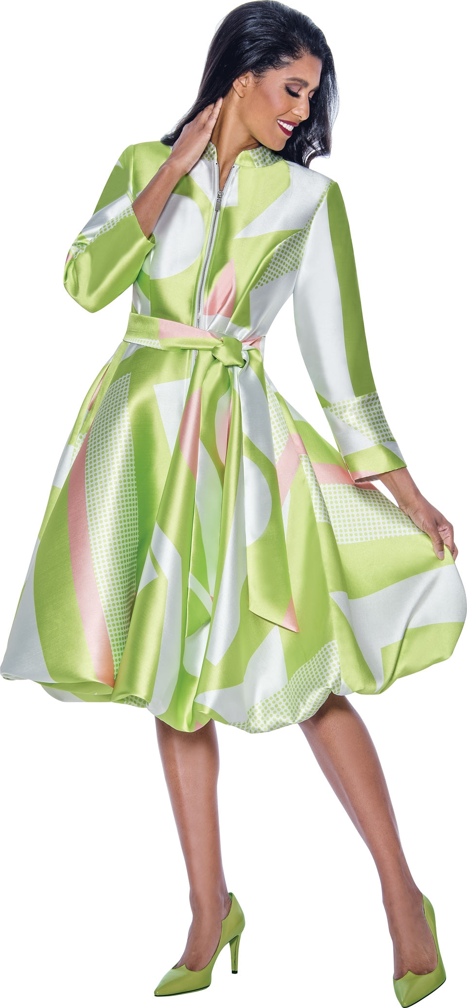 Dresses by Nubiano 12251 Belted Zip-front Print Twill Dress