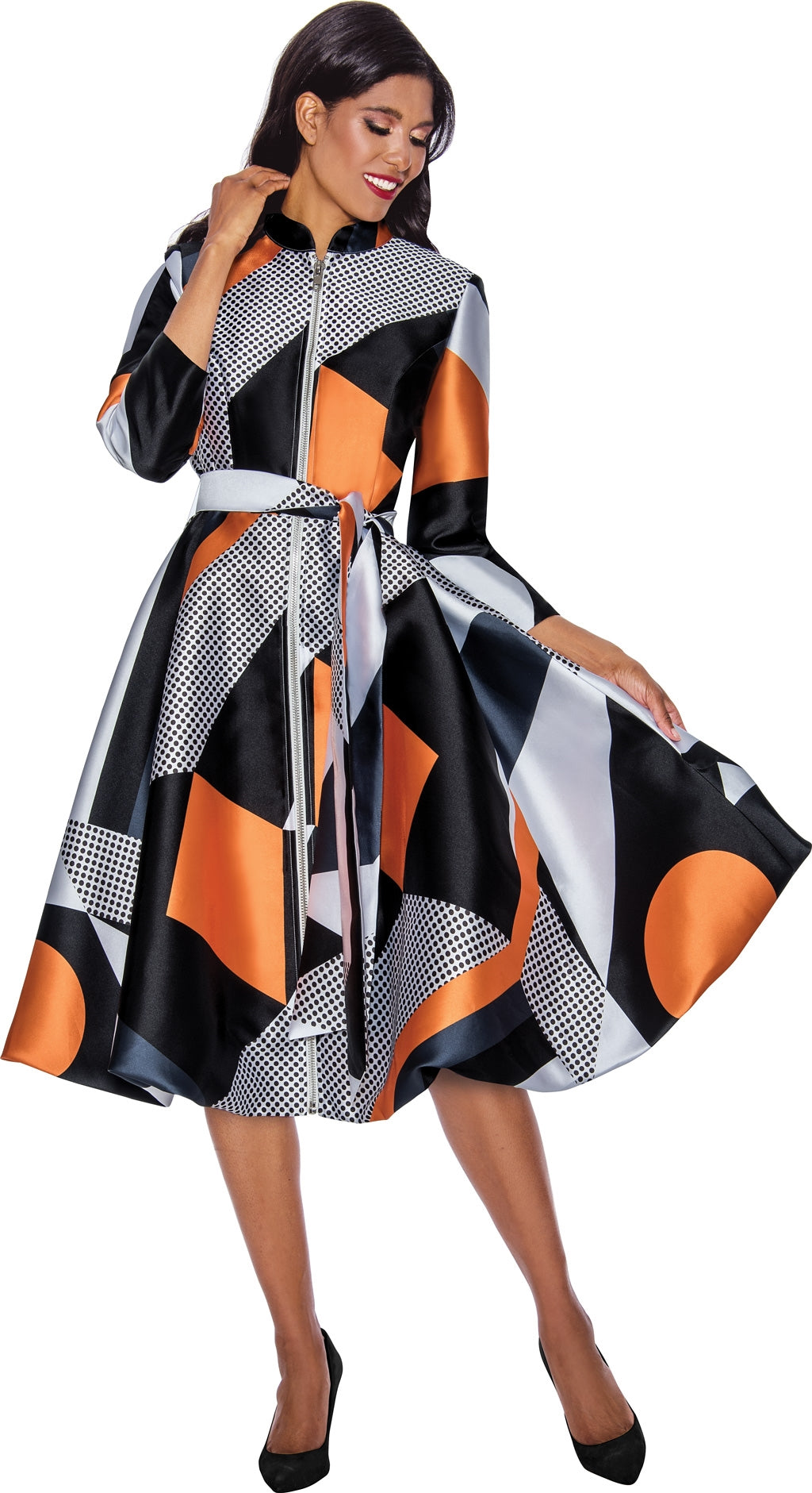 Dresses by Nubiano 12251 Belted Zip-front Print Twill Dress