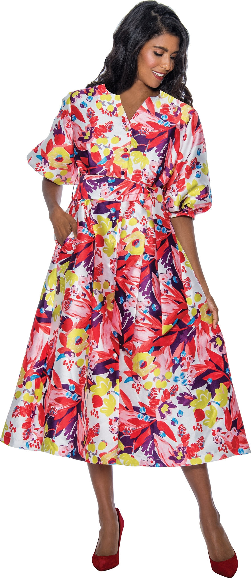 Dresses by Nubiano 851 Belted Floral Print Button Dress