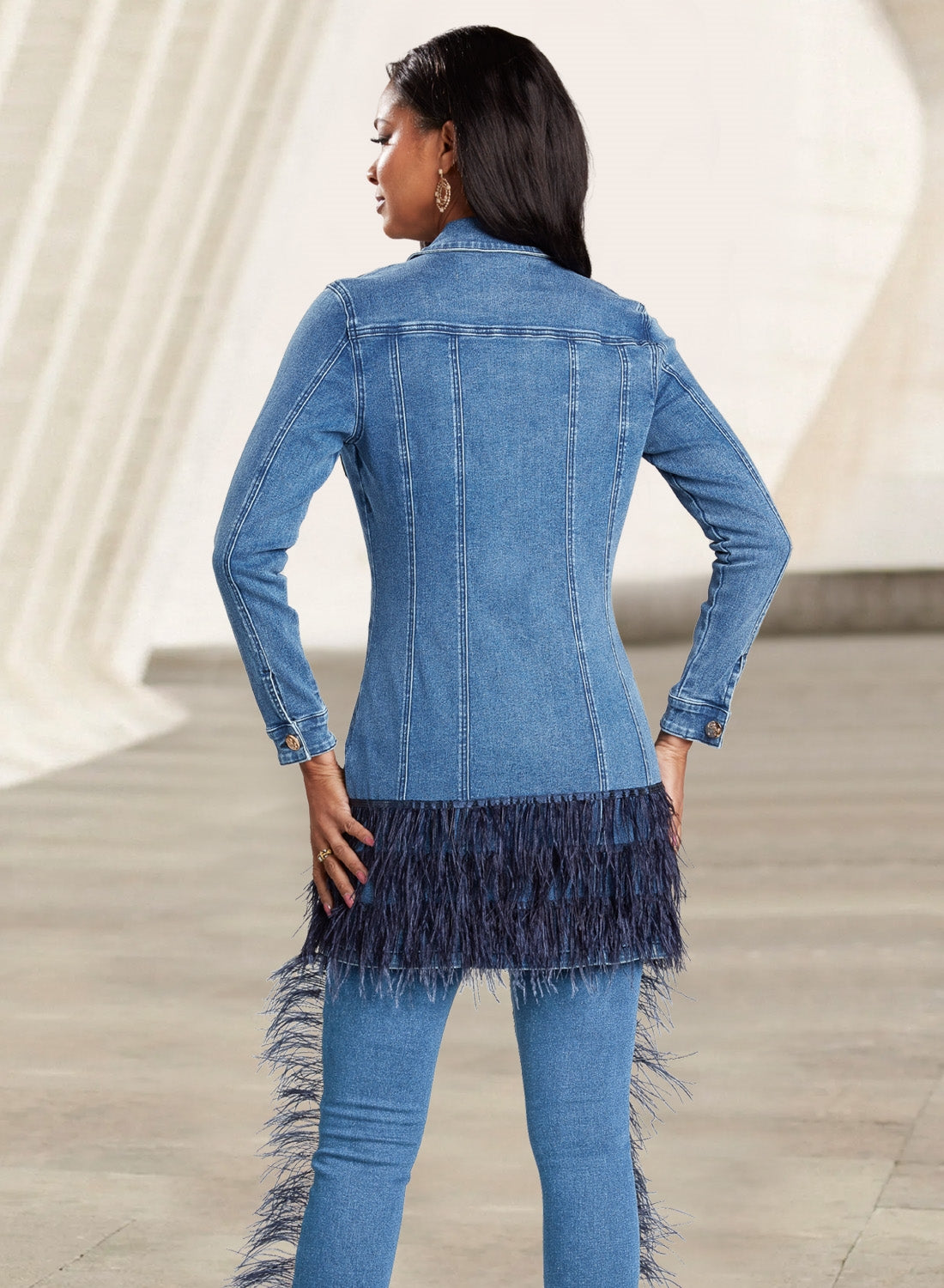 DV Jeans by Donna Vinci 8456J Feather Trim Stretch Denim Jacket