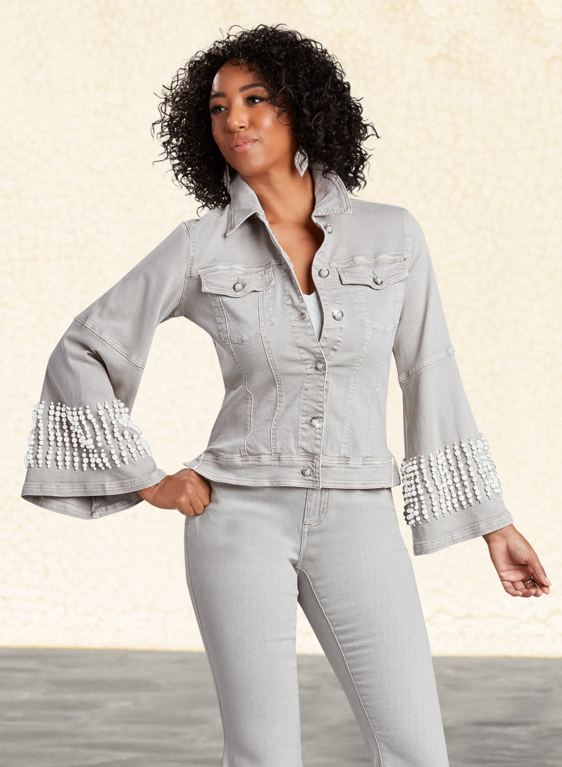 DV Jeans by Donna Vinci 8458J Pearl Trim Stretch Denim Jacket