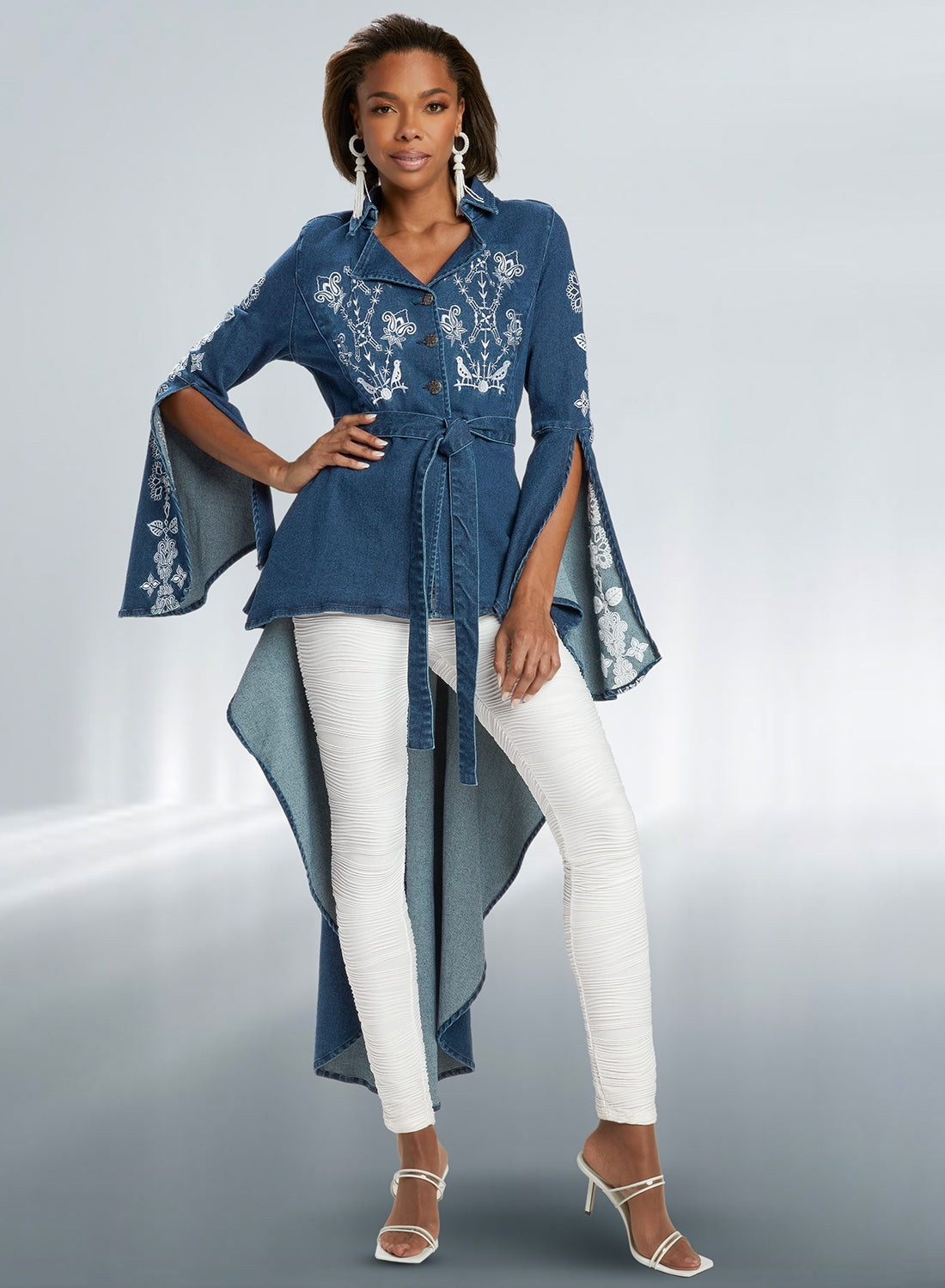 DV Jean 8473 Embroidered High-low Stretch Denim Tunic Top