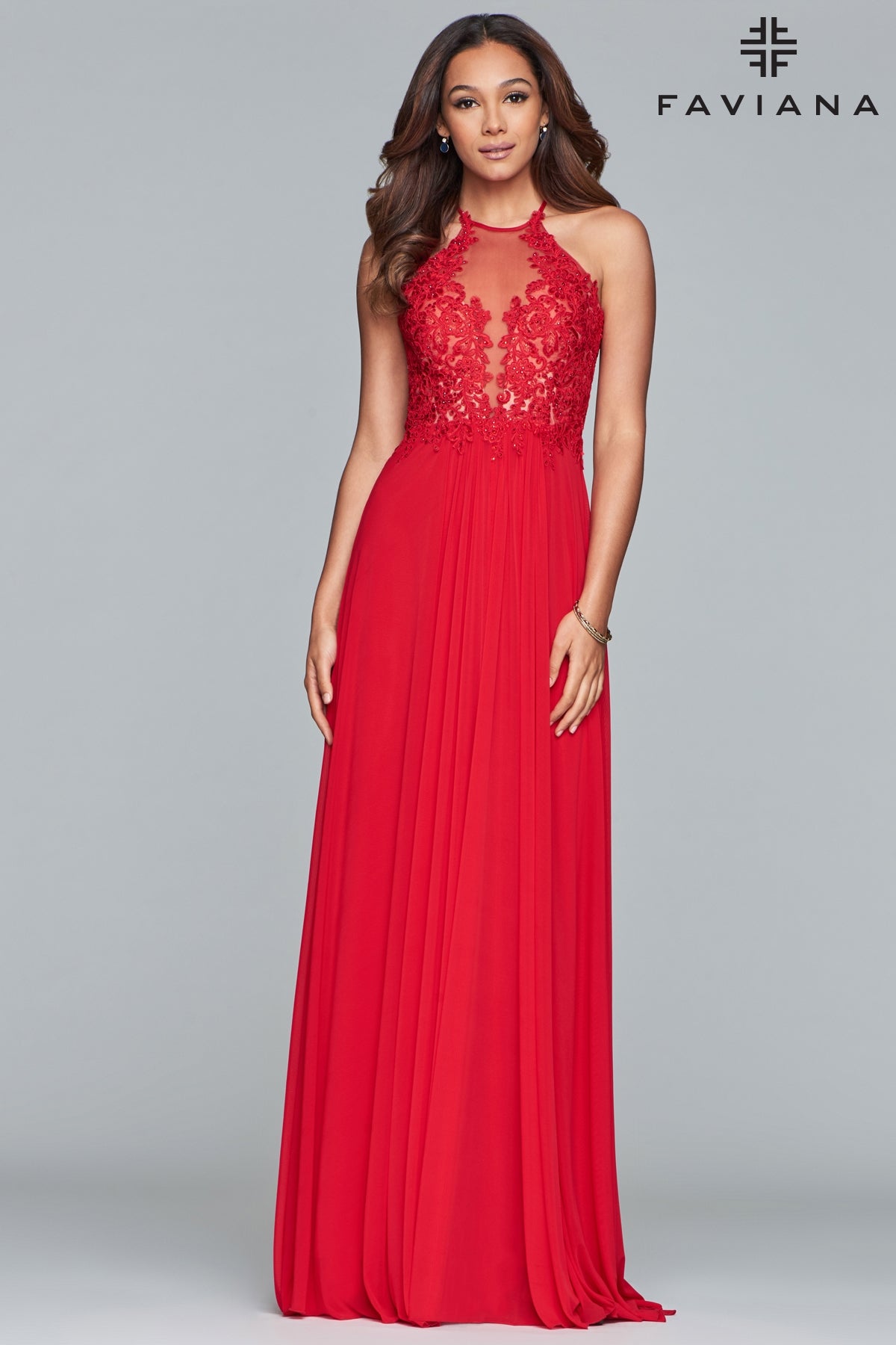 Faviana S10203 Lace Applique Halter Dress