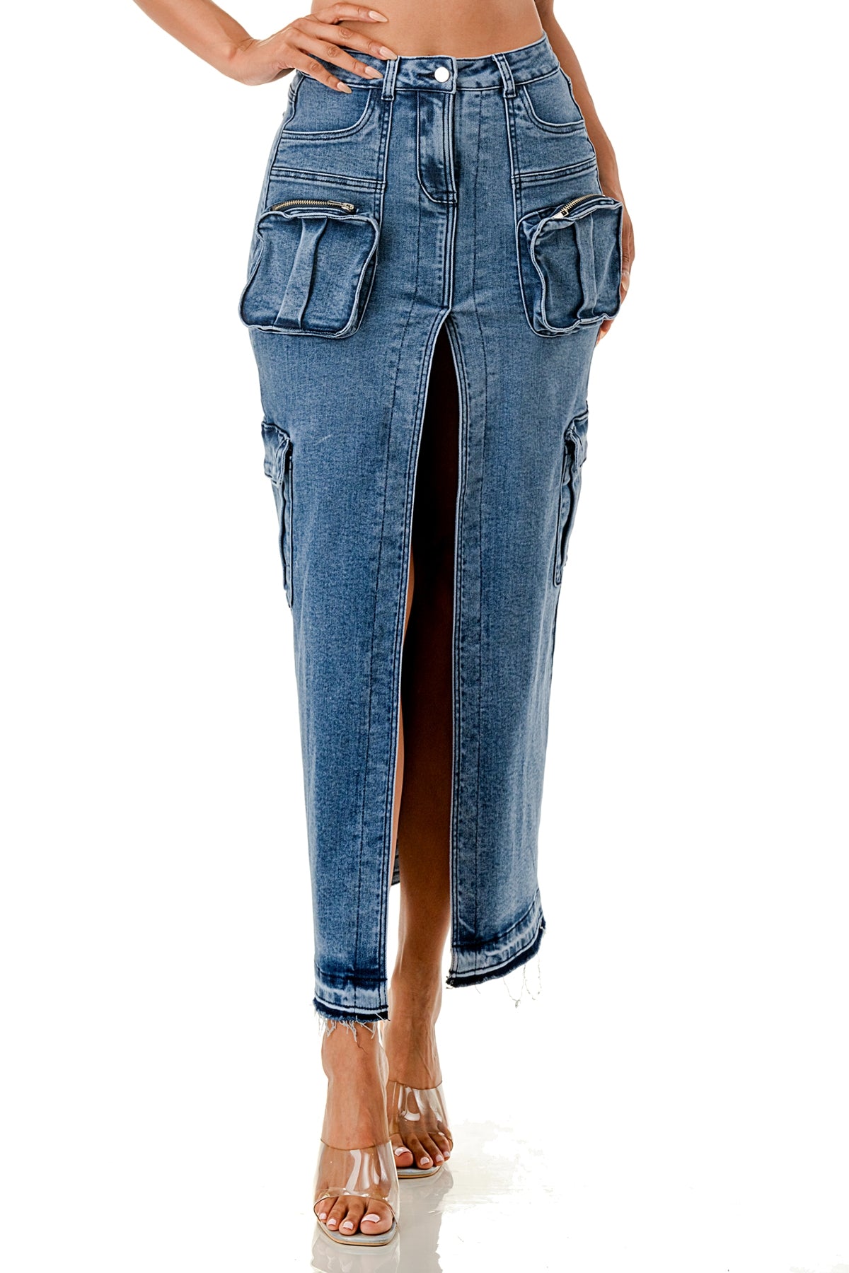 Highlight HM718X Stretch Denim Cargo High Split PlusSize Skirt