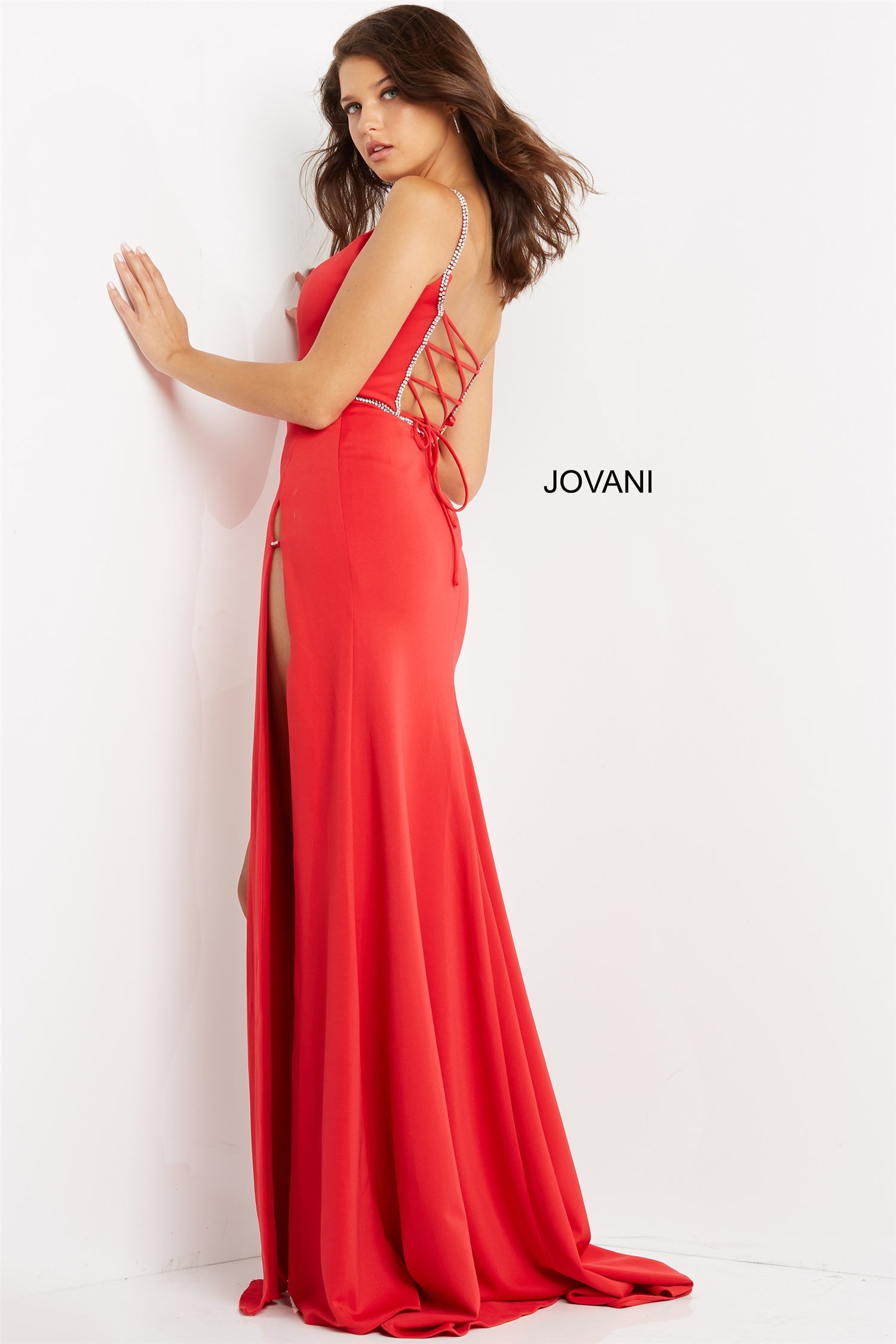 Jovani 06557 Rhinestone Trim Strap-back High Slit Dress