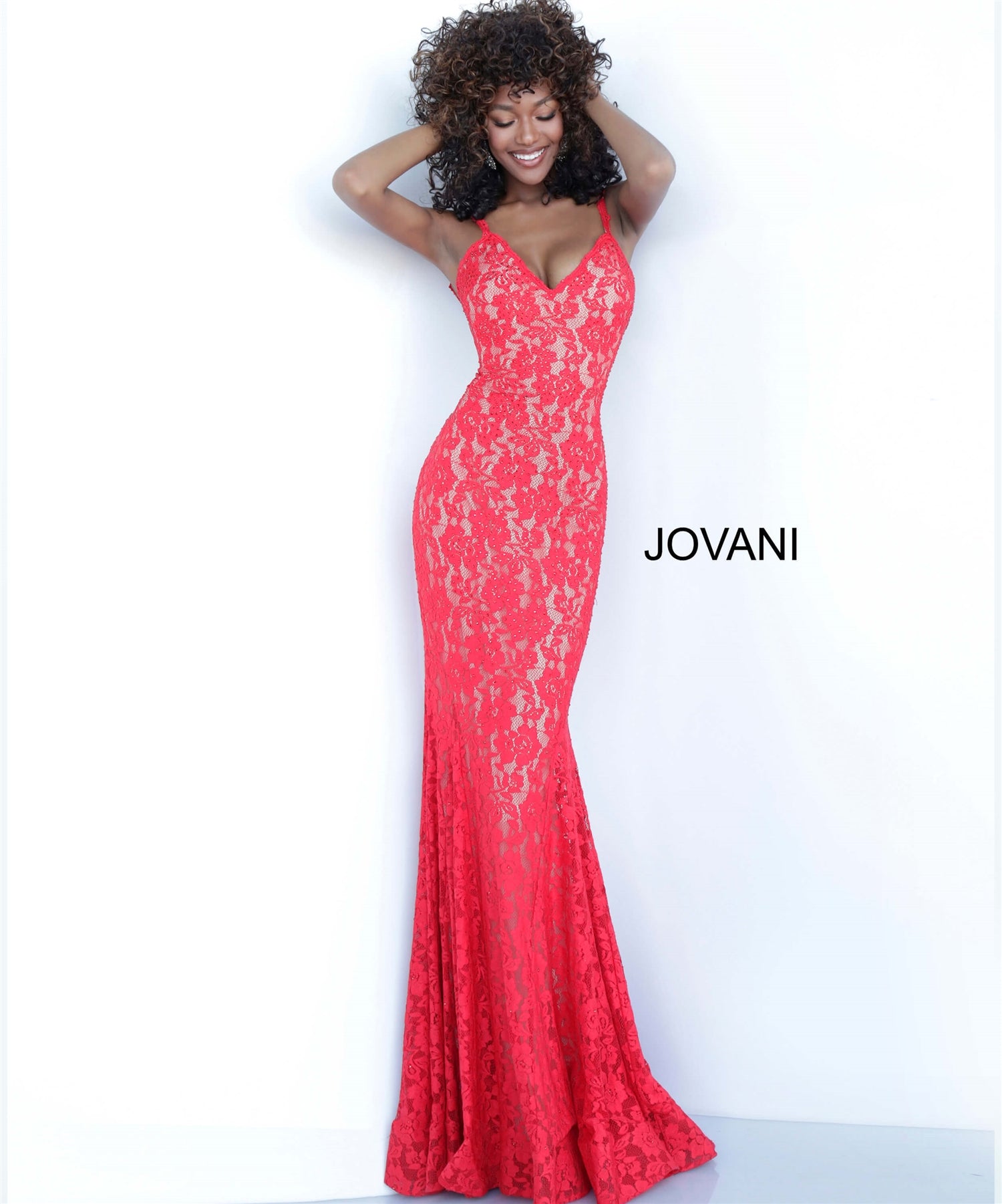 Jovani JVN68005 Stretch Lace Low-back Dress