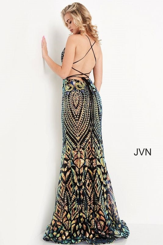 JVN by Jovani JVN05758A Sequin Lace-up Back Dress