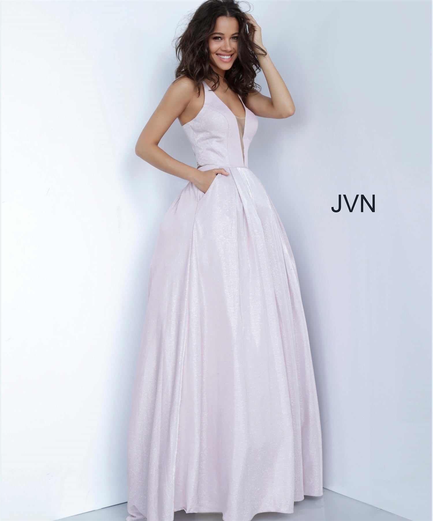 JVN by Jovani JVN2172 V-neck Sheer Mesh Glitter Ballgown Dress