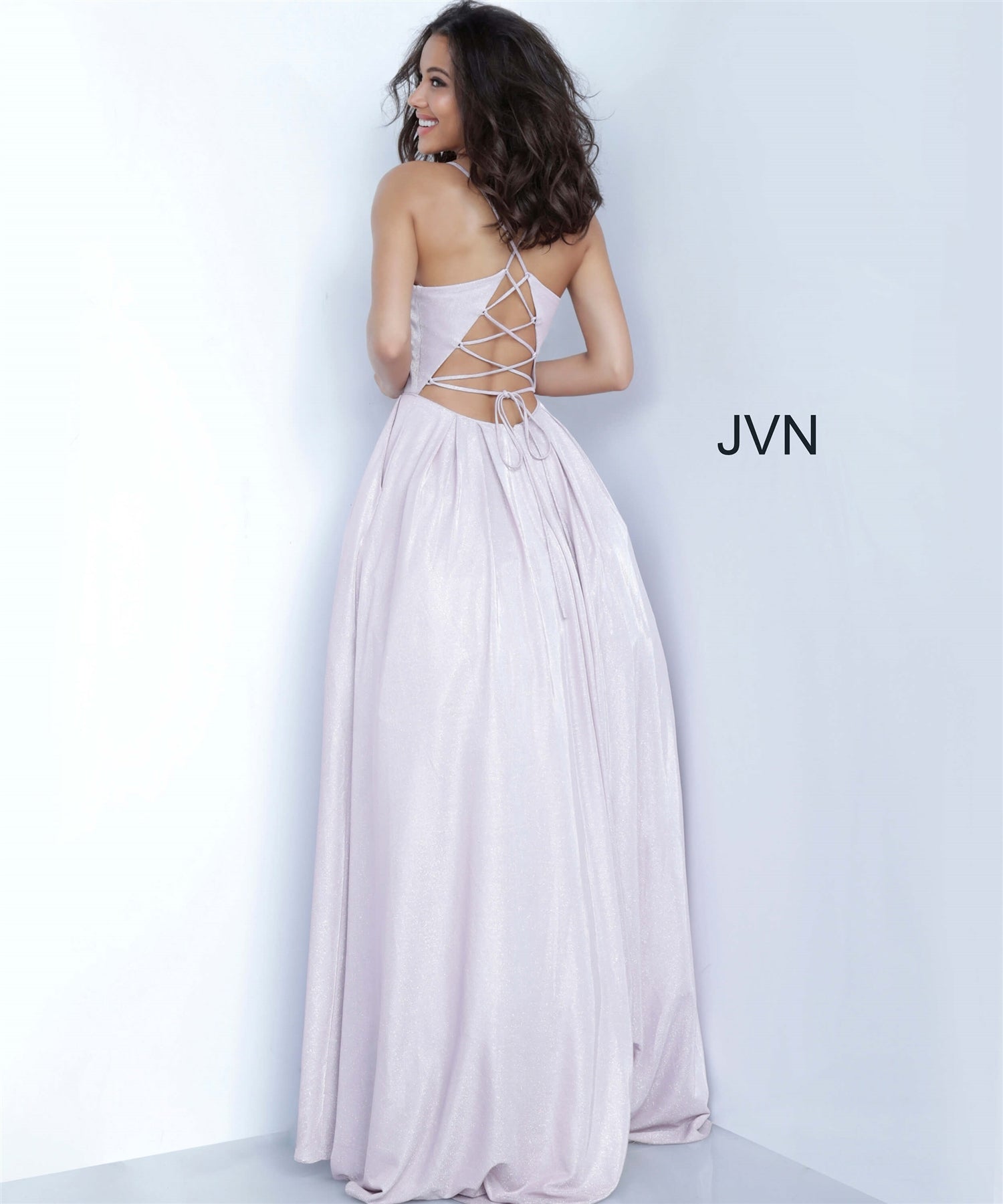 JVN by Jovani JVN2172 V-neck Sheer Mesh Glitter Ballgown Dress