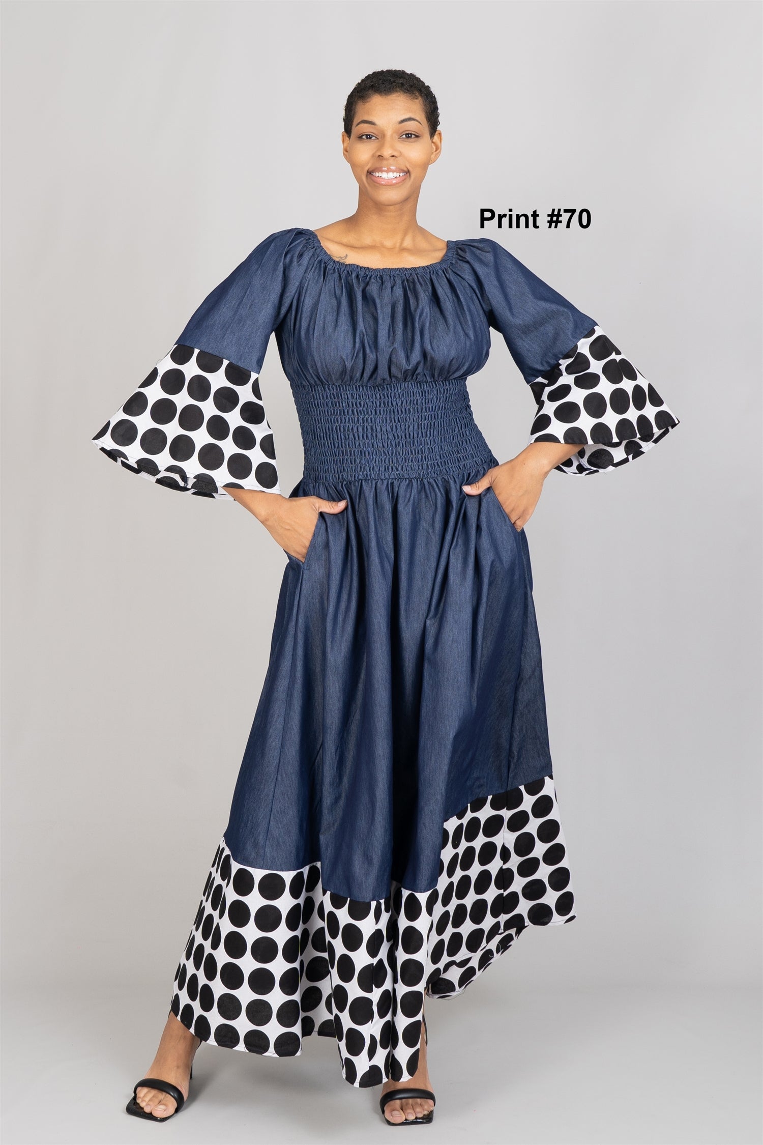 KaraChic 304D Off-shoulder Smocked Waist Bell Sleeve Denim Dress