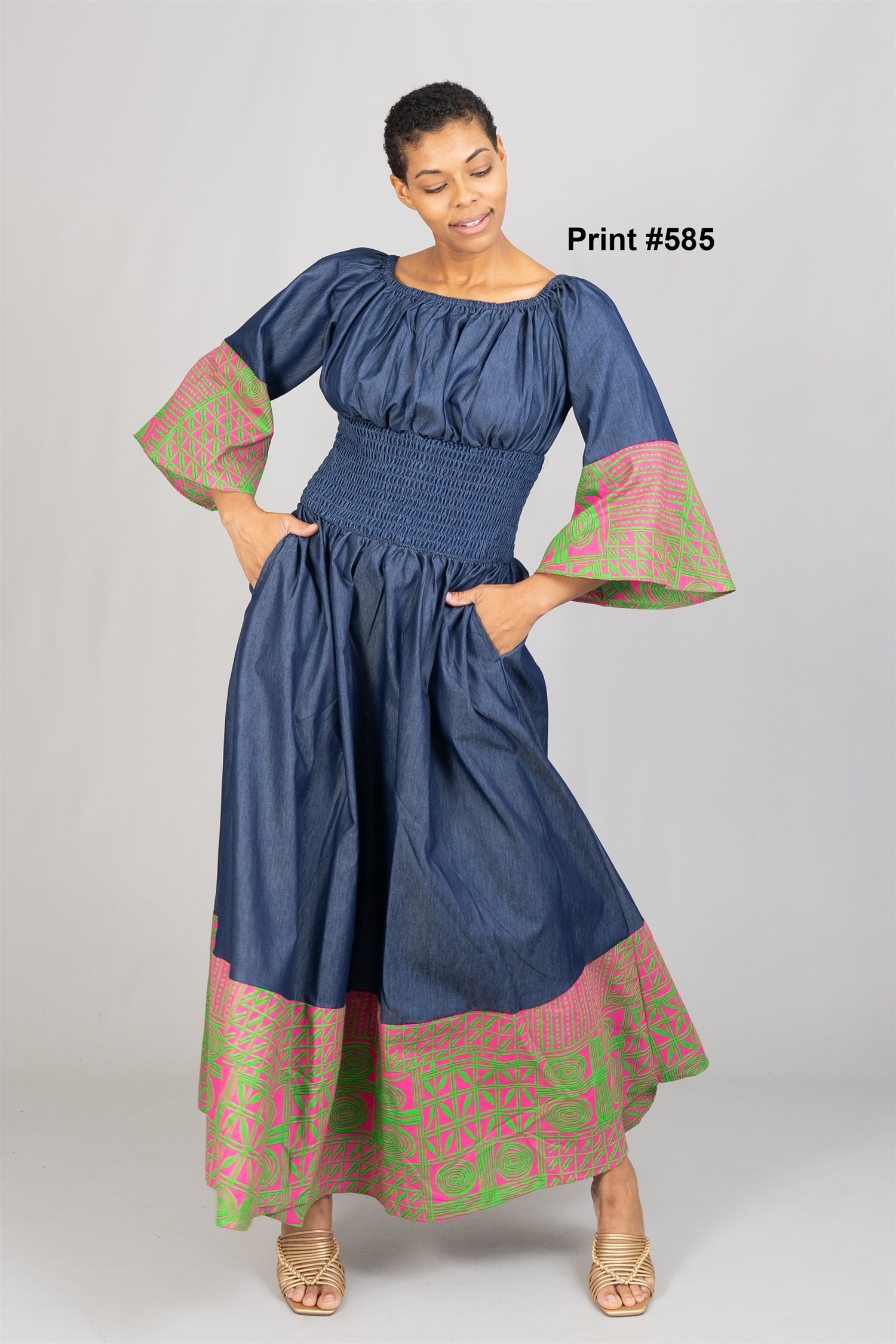 KaraChic 304D Off-shoulder Smocked Waist Bell Sleeve Denim Dress