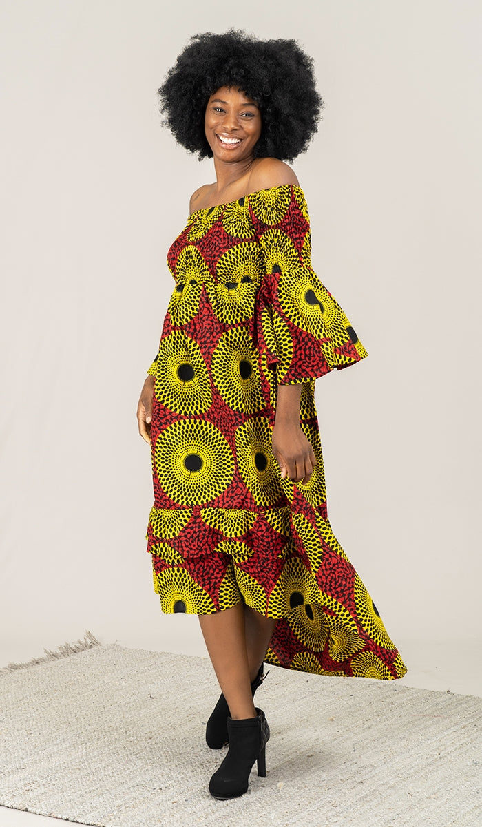 KaraChic 7552 Authentic African Print Smocked Bell Sleeve High-low Dress