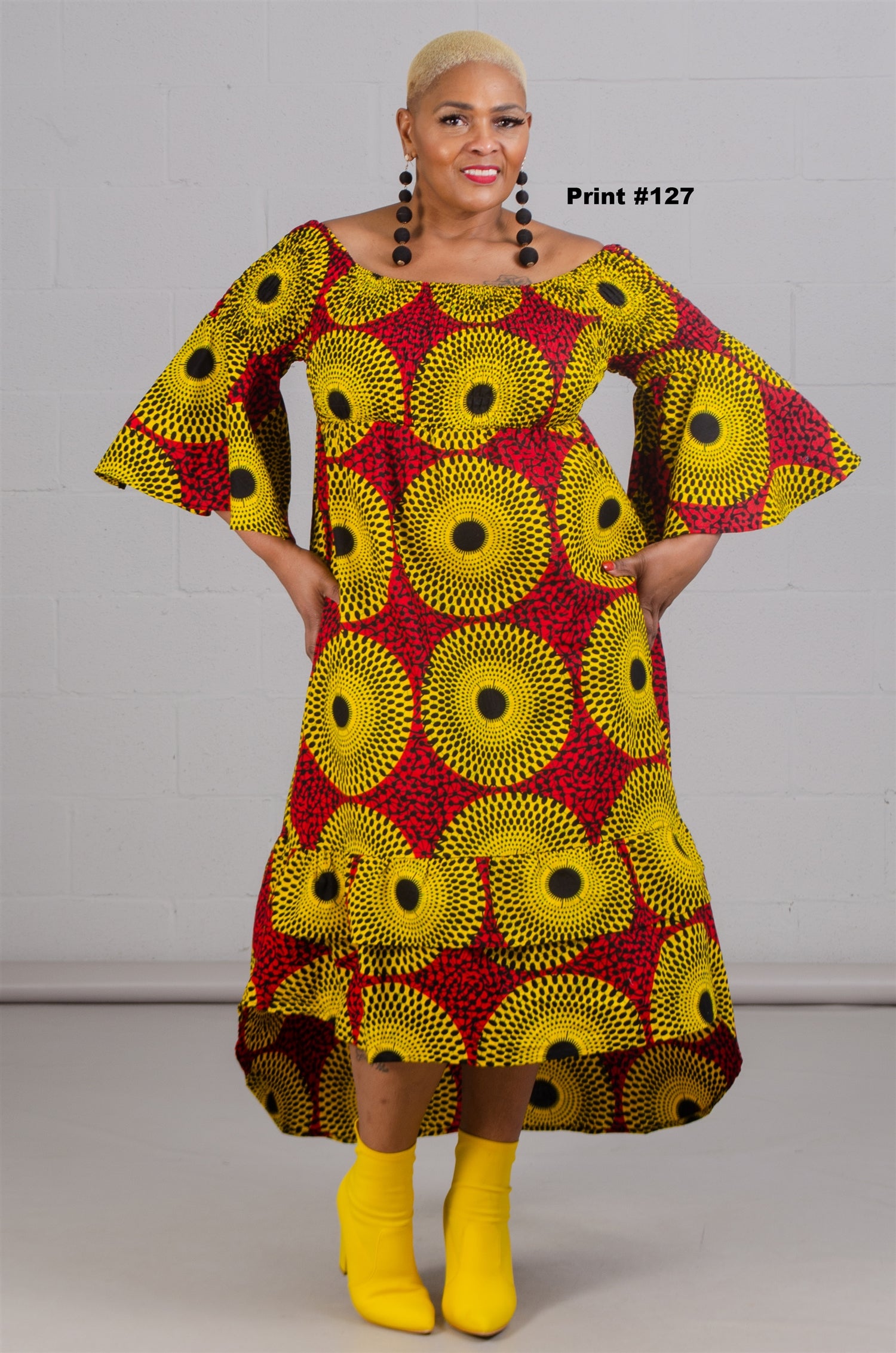 KaraChic 7552 Authentic African Print Smocked Bell Sleeve High-low Dress