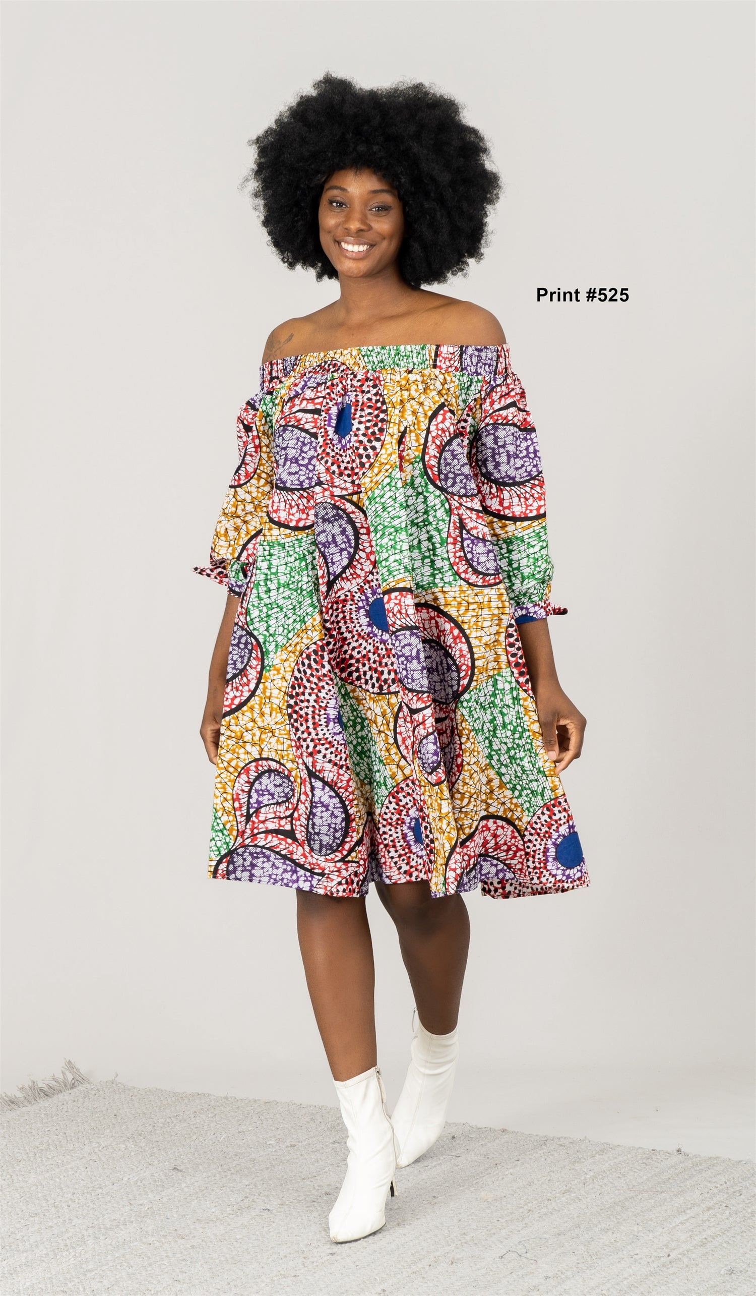 KaraChic 7553 Authentic African Print Bow Sleeve Off-shoulder Dress