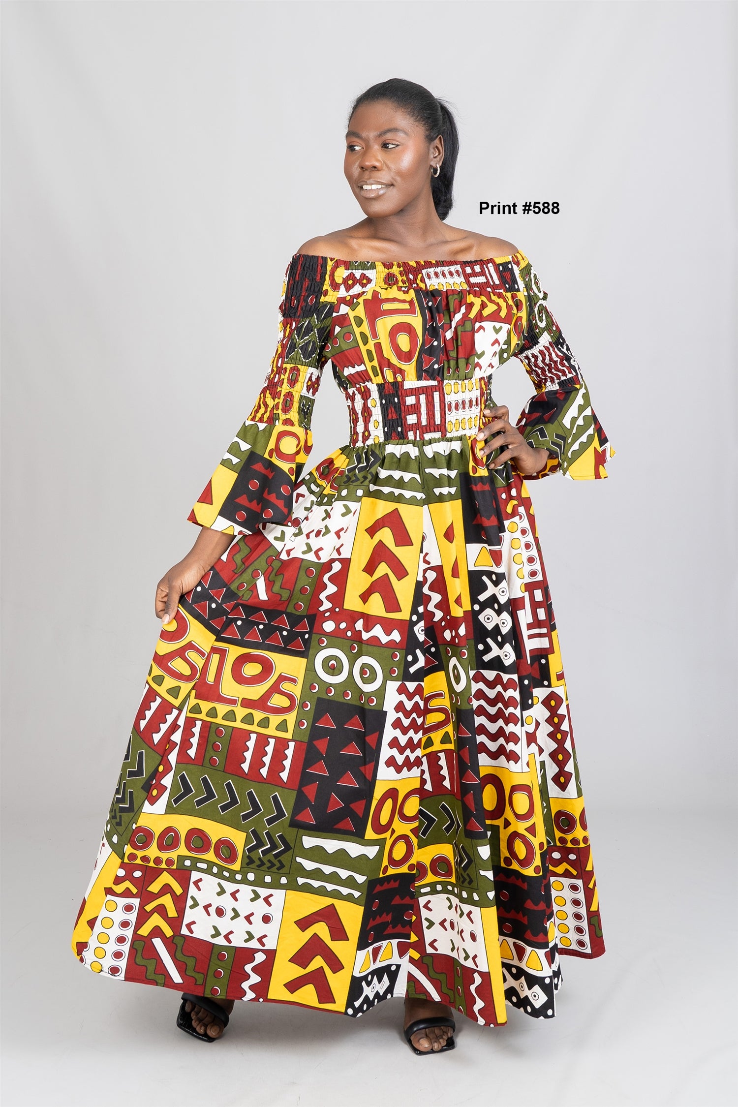 KaraChic 7556NP Authentic African Print Smocked Waist Bell Sleeve Dress