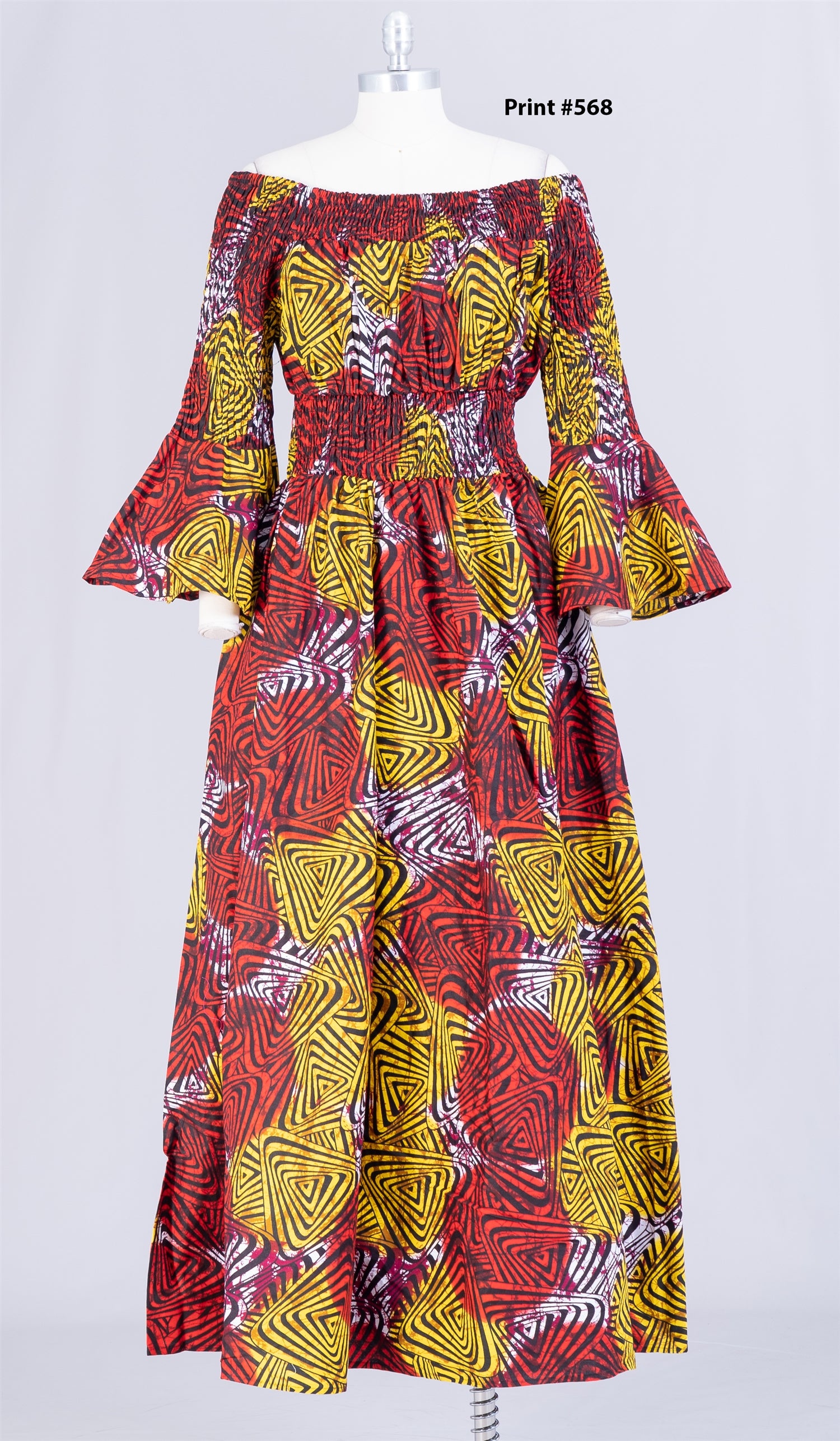 KaraChic 7556NP Authentic African Print Smocked Waist Bell Sleeve Dress