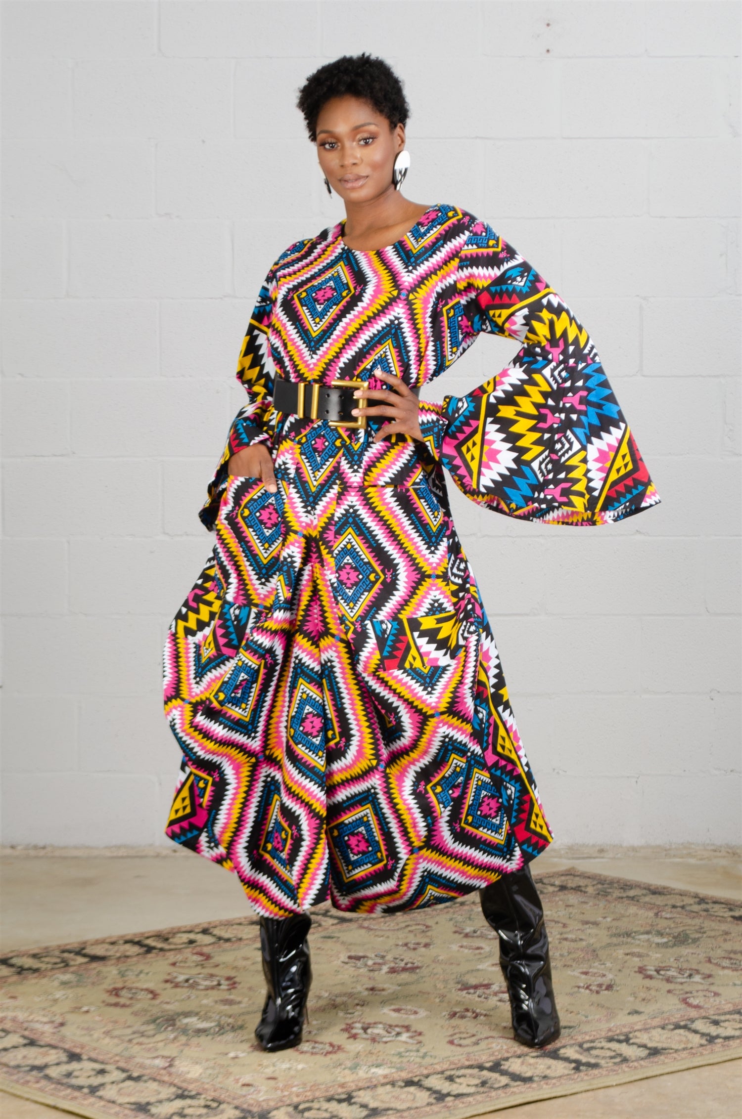 KaraChic 7561A Authentic African Print Bell Sleeve Balloon Dress