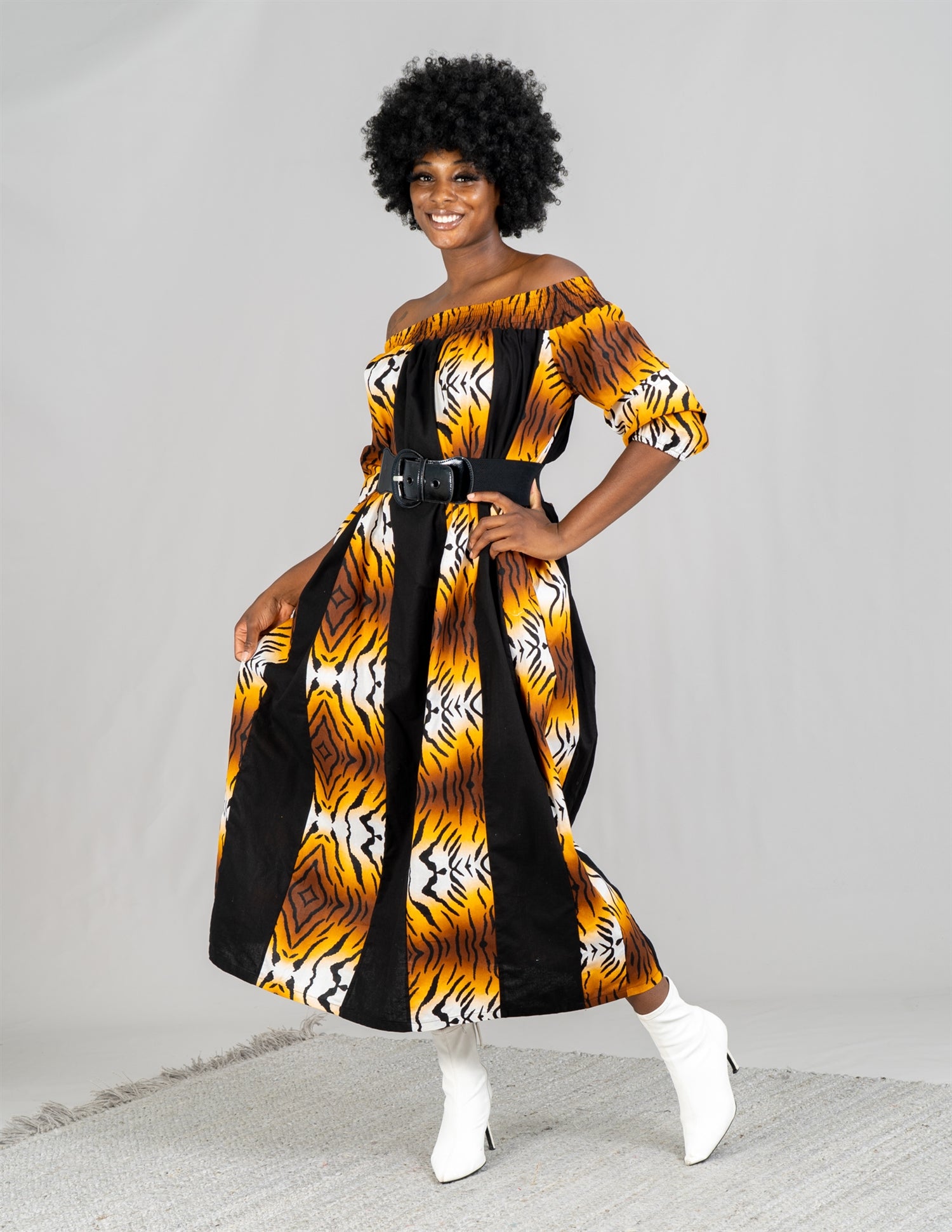 KaraChic 7604 Authentic African Print Off-shoulder Print Panel Dress