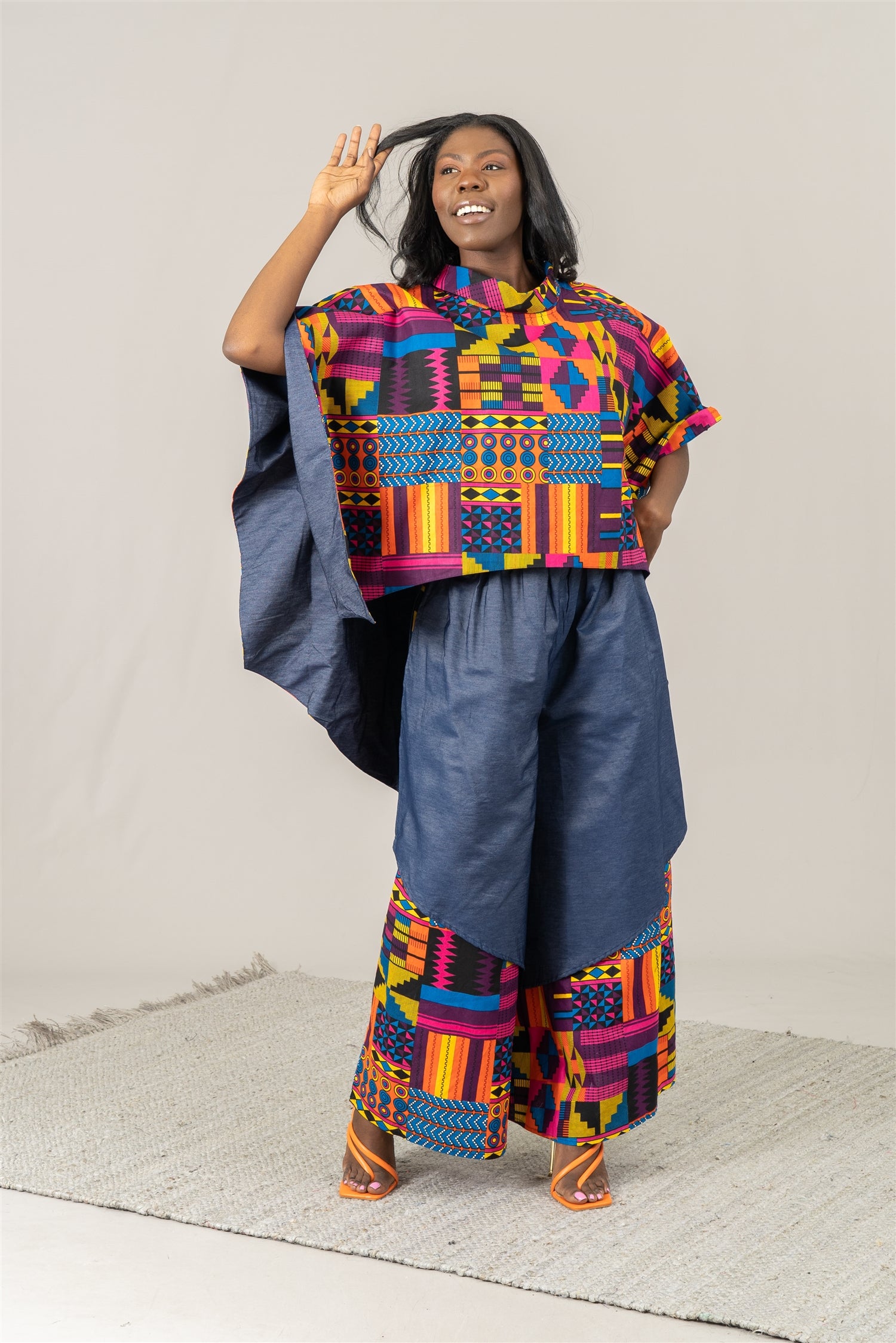 KaraChic 7645D Authentic African Print Denim Overlay Wide Leg Pant