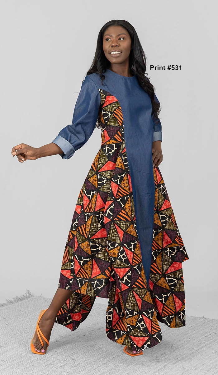 KaraChic 7646D Authentic African Print and Denim Panel Dress