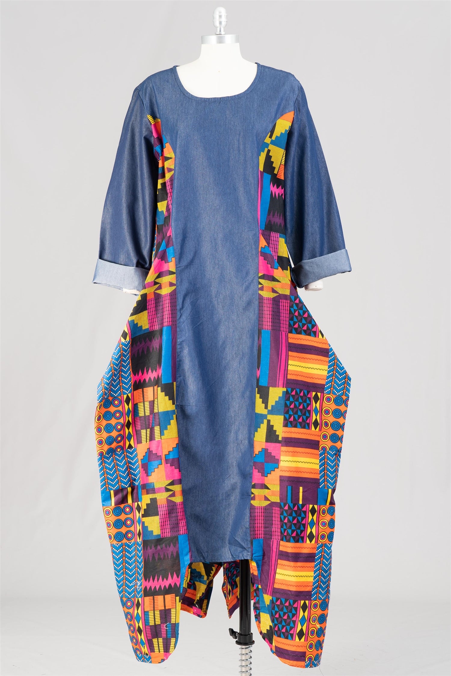 KaraChic 7646D Authentic African Print and Denim Panel Dress