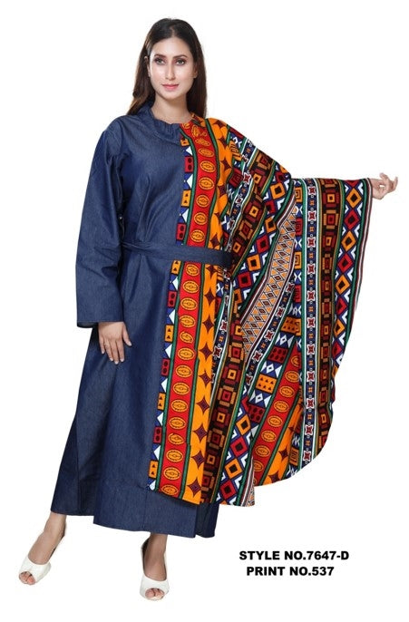 KaraChic 7647D Authentic African Print Capelet and Denim Belted Dress