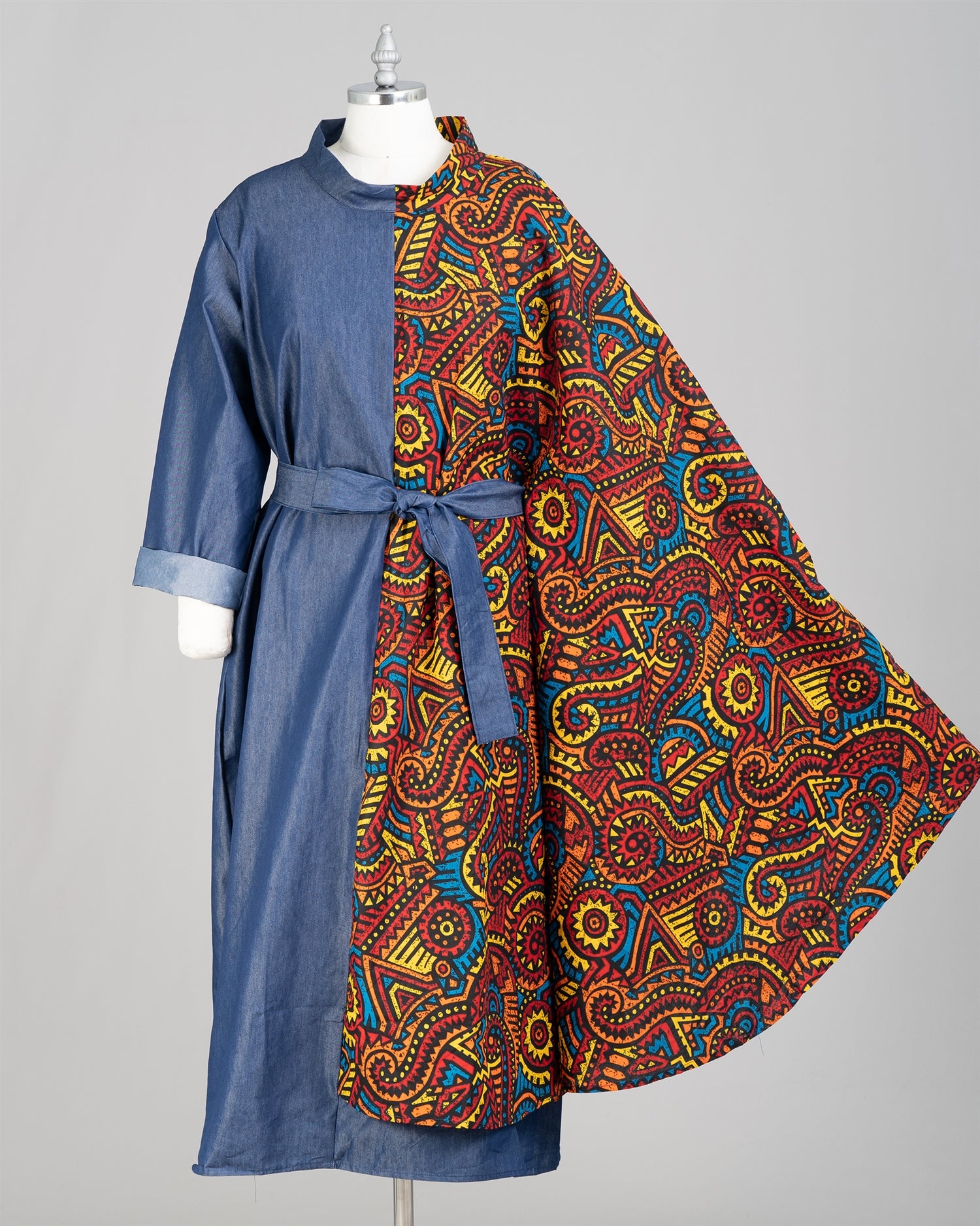 KaraChic 7647D Authentic African Print Capelet and Denim Belted Dress