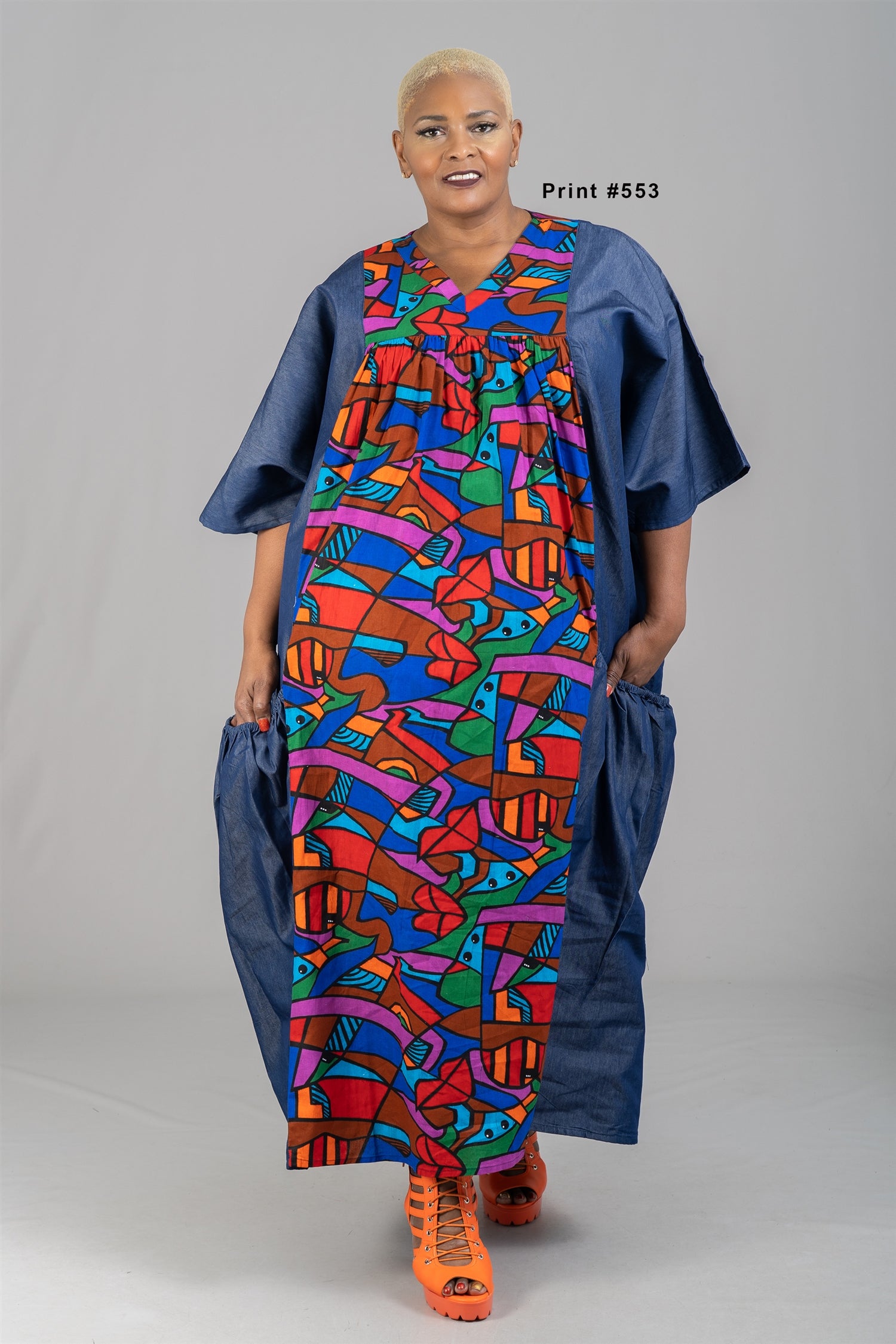 KaraChic 7650D Authentic African Print Panel and Denim Dress