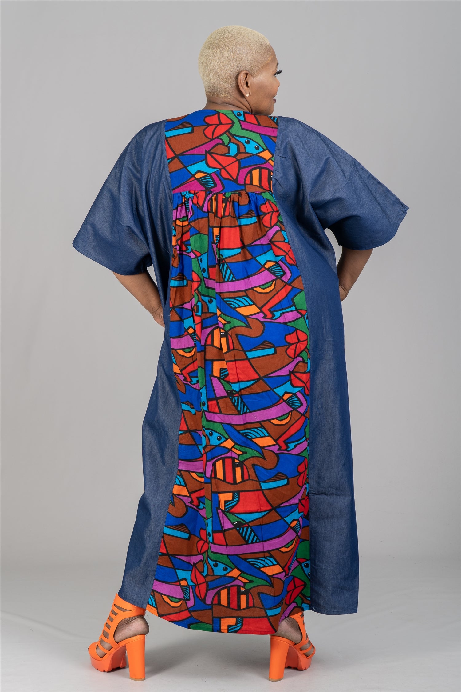 KaraChic 7650D Authentic African Print Panel and Denim Dress