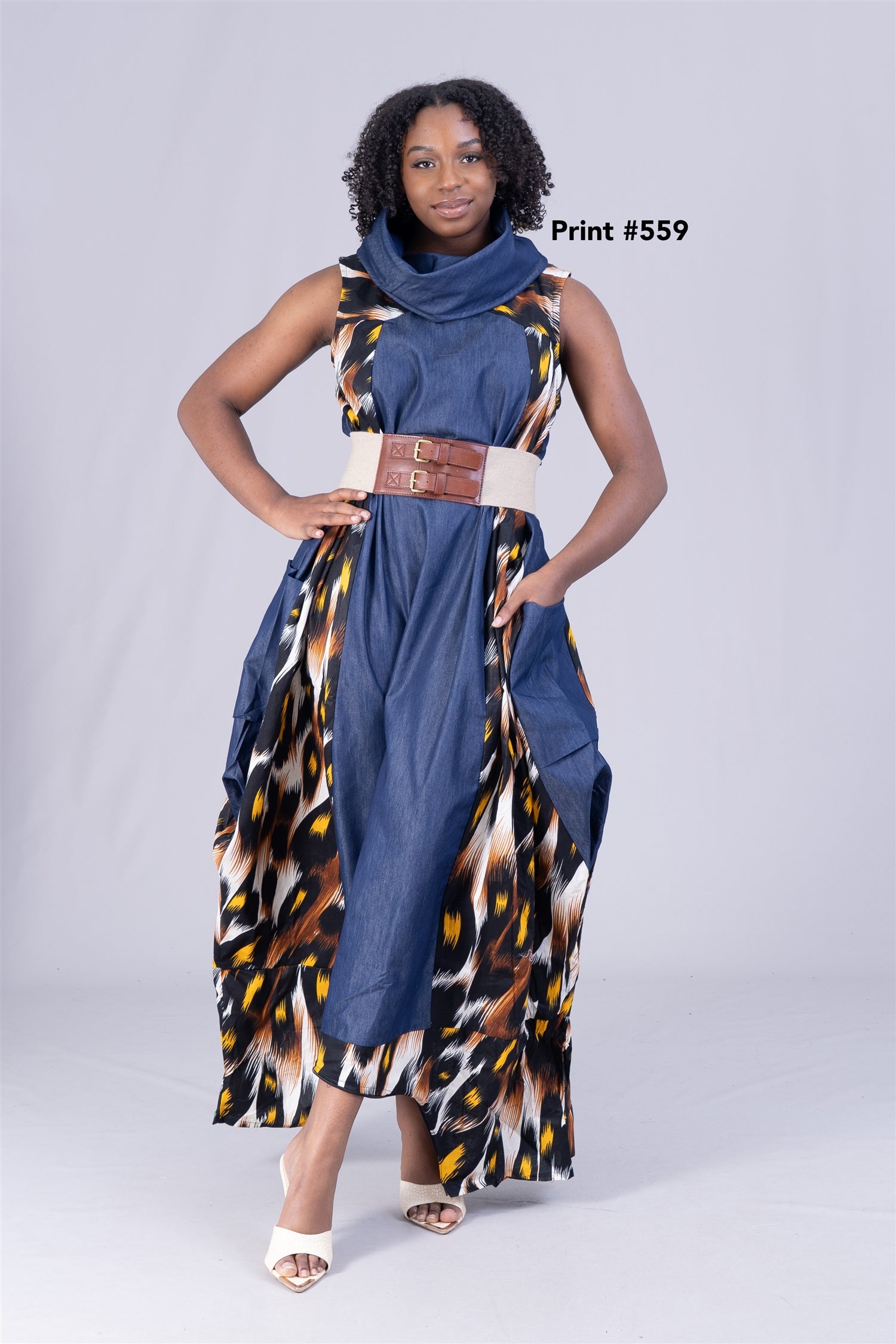 KaraChic 7702 Authentic African Print and Denim Panel Convertible Dress Jumpsuit