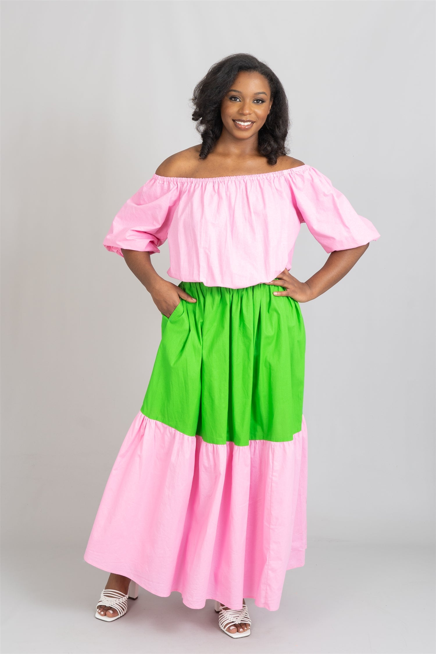 KaraChic 7710S Color-block Off-Shoulder Maxi Dress