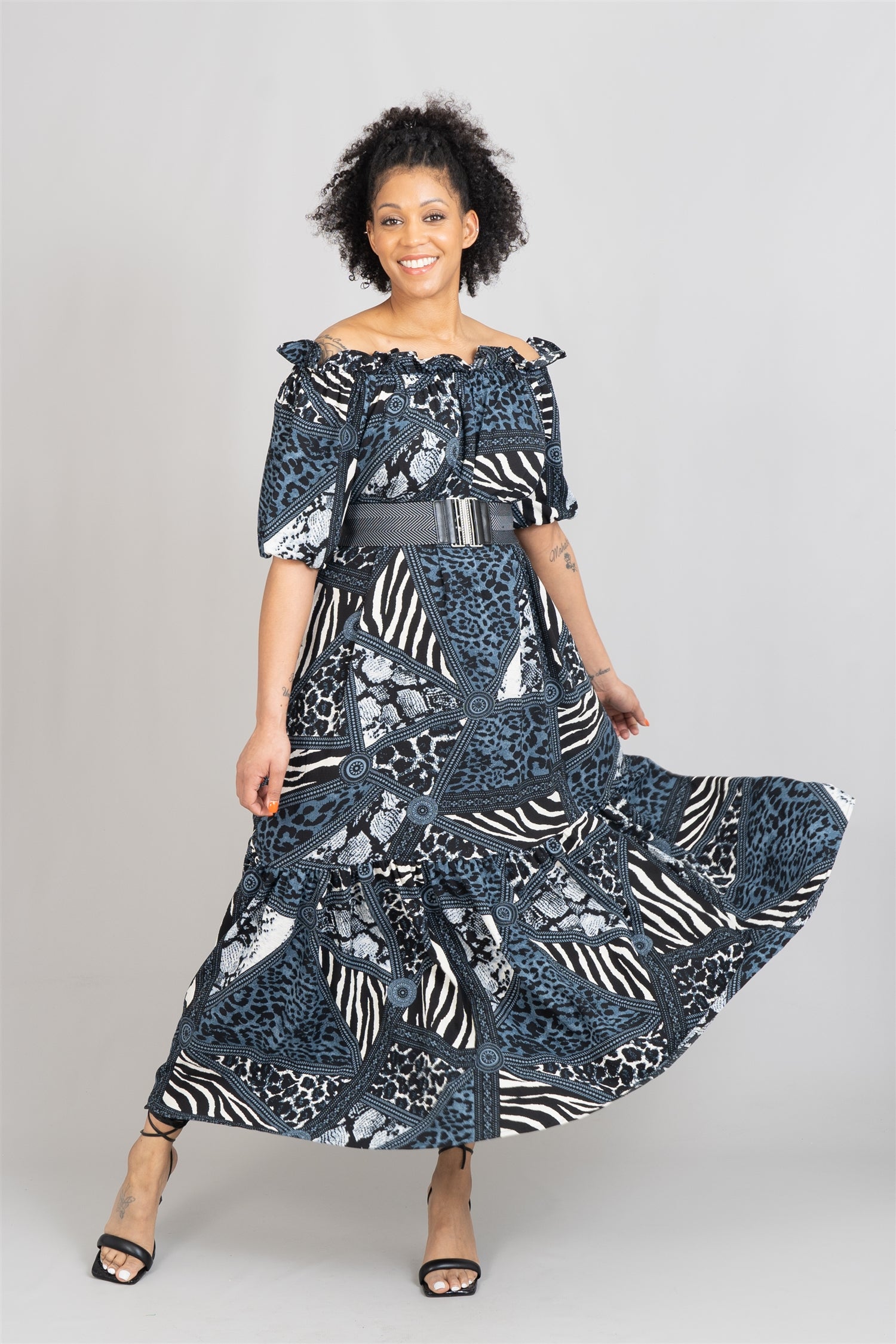 KaraChic 7713 Off-shoulder Animal Print Maxi Dress